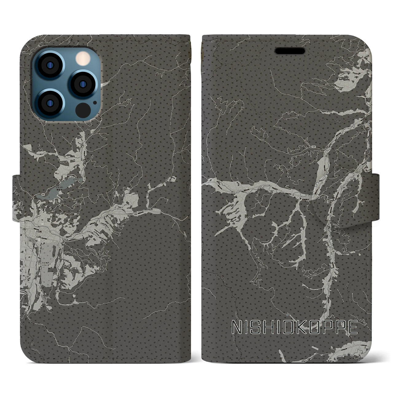 【西興部(北海道)】地図柄iPhoneケース(手帳タイプ)モノトーン・iPhone 12 / 12 Pro 用