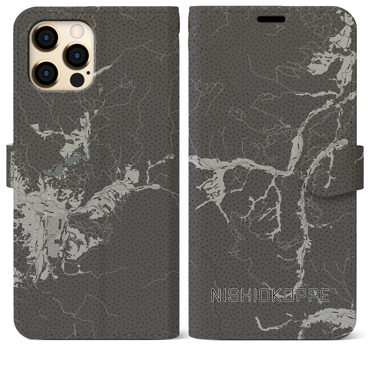 【西興部(北海道)】地図柄iPhoneケース(手帳タイプ)モノトーン・iPhone 12 Pro Max 用