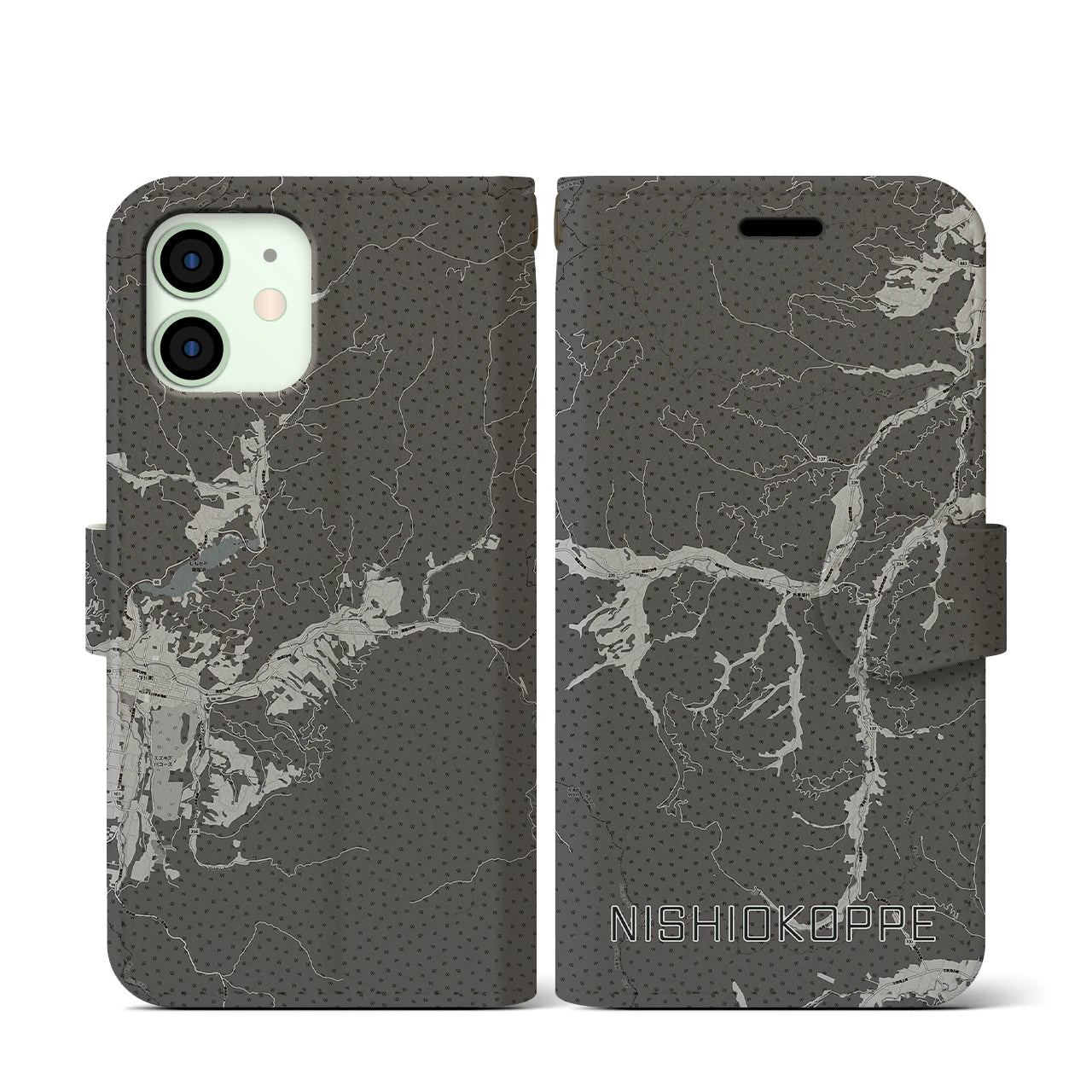 【西興部(北海道)】地図柄iPhoneケース(手帳タイプ)モノトーン・iPhone 12 mini 用