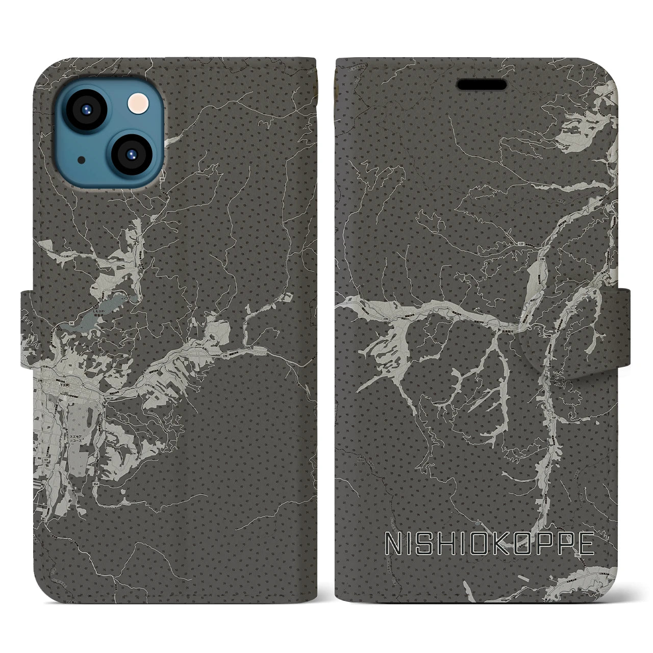 【西興部(北海道)】地図柄iPhoneケース(手帳タイプ)モノトーン・iPhone 13 用