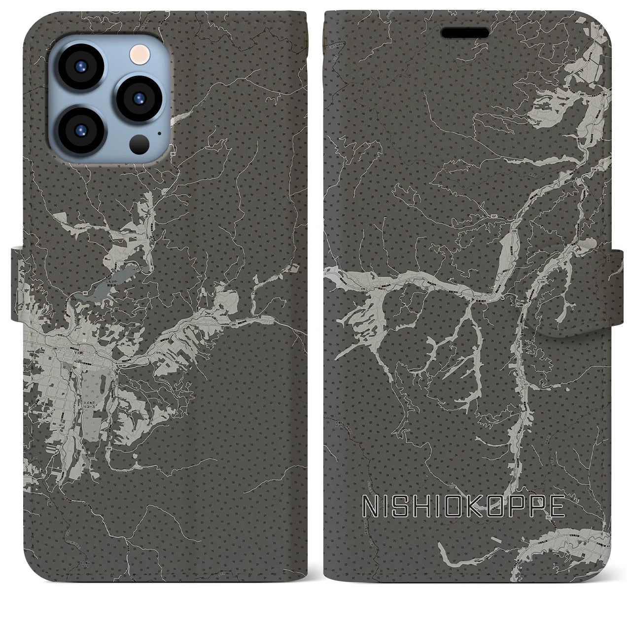 【西興部(北海道)】地図柄iPhoneケース(手帳タイプ)モノトーン・iPhone 13 Pro Max 用
