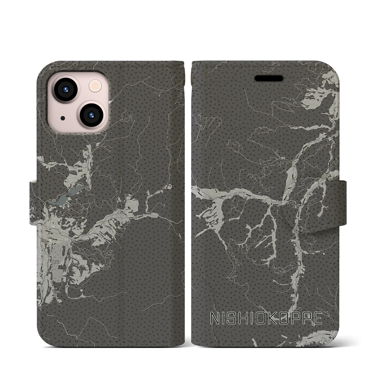 【西興部(北海道)】地図柄iPhoneケース(手帳タイプ)モノトーン・iPhone 13 mini 用