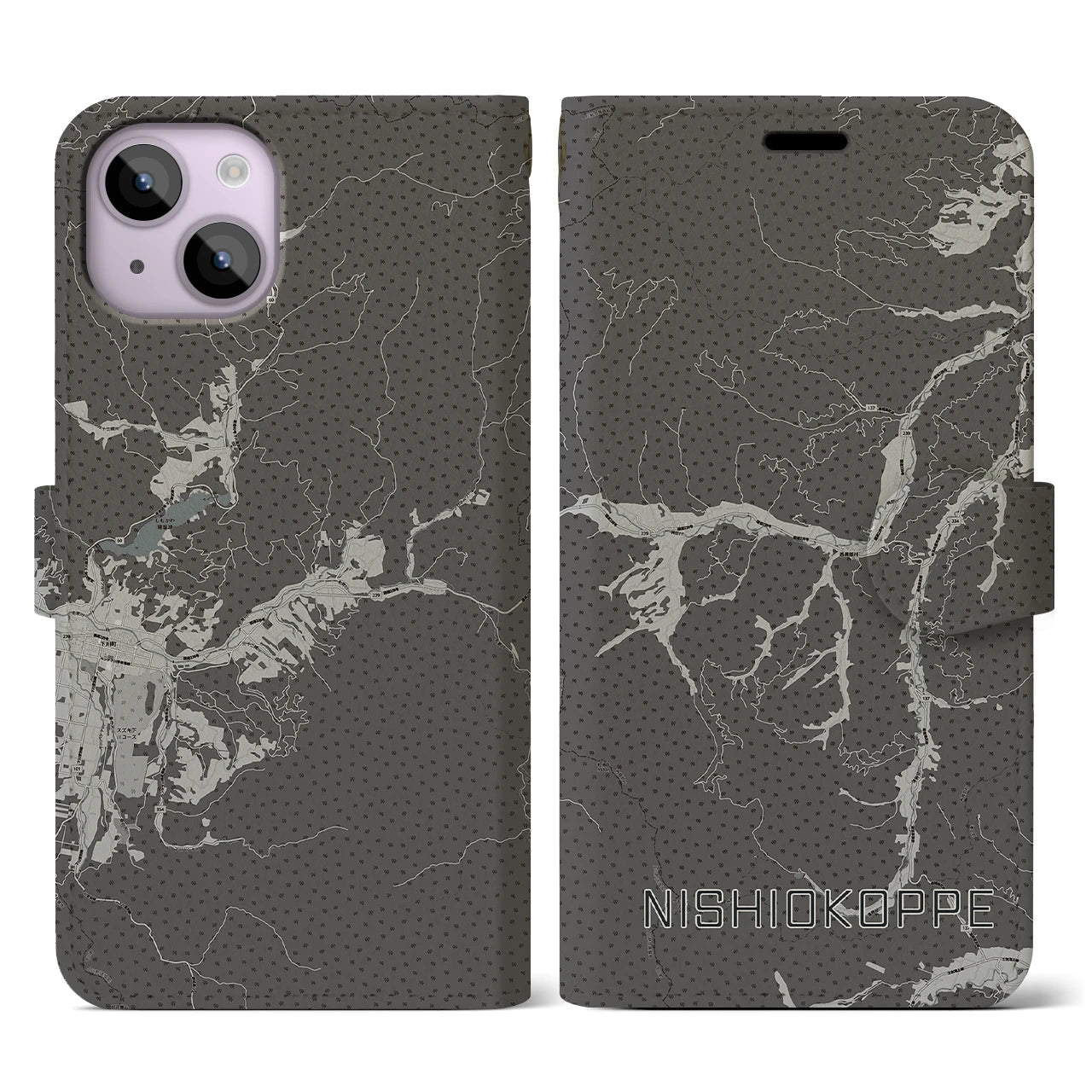 【西興部(北海道)】地図柄iPhoneケース(手帳タイプ)モノトーン・iPhone 14 用