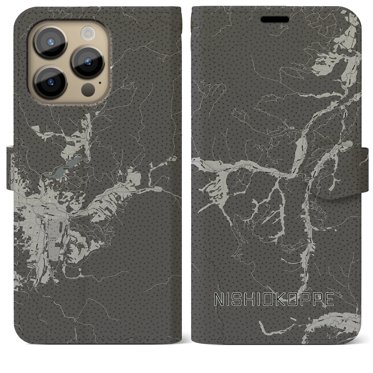 【西興部(北海道)】地図柄iPhoneケース(手帳タイプ)モノトーン・iPhone 14 Pro Max 用