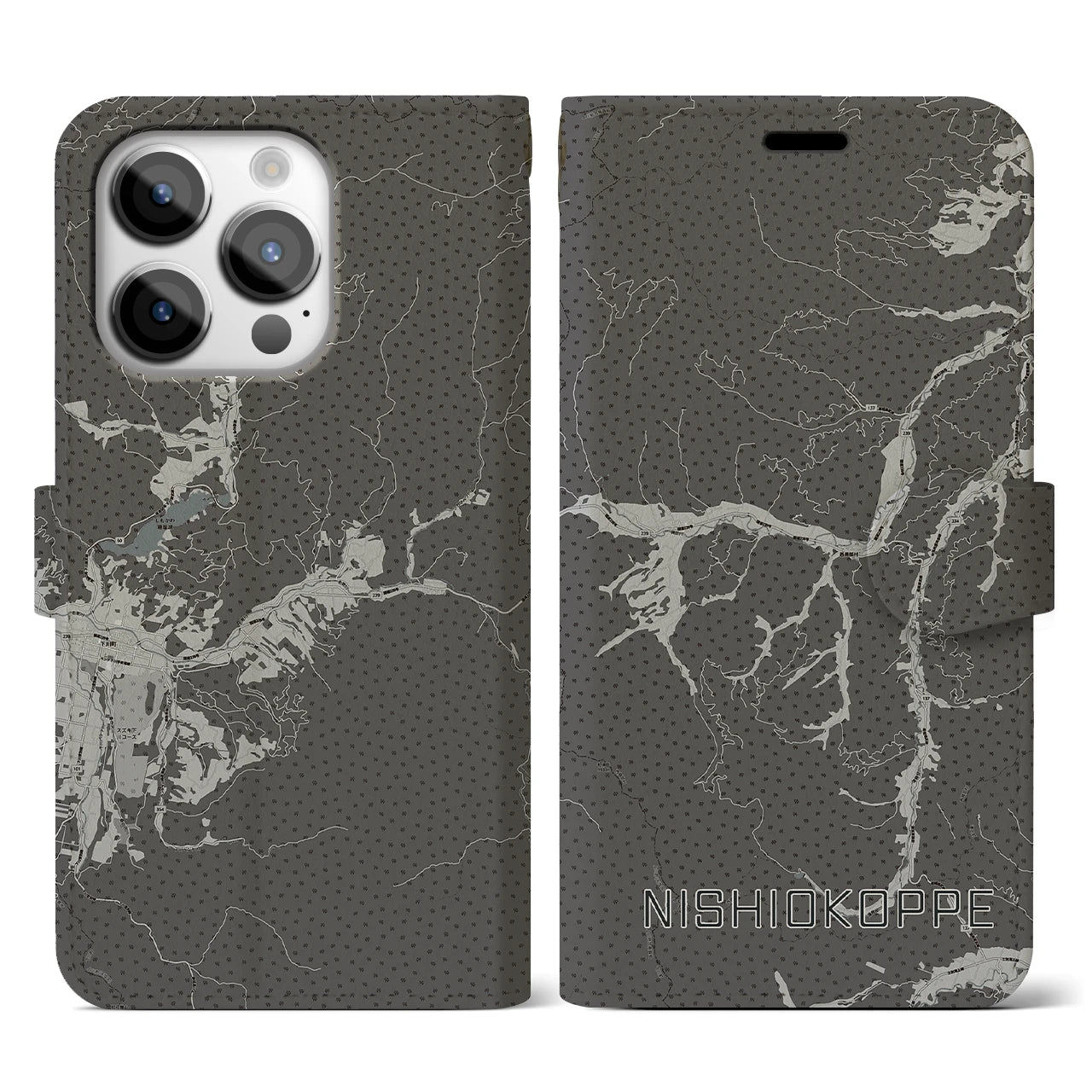 【西興部(北海道)】地図柄iPhoneケース(手帳タイプ)モノトーン・iPhone 14 Pro 用