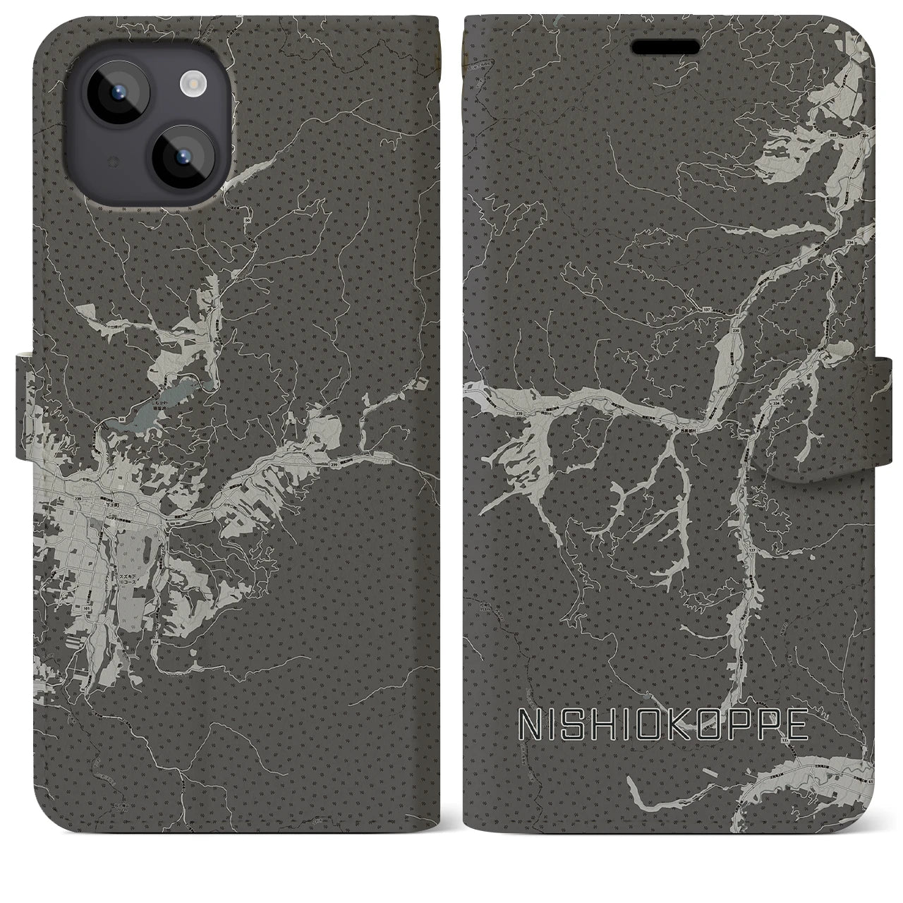 【西興部(北海道)】地図柄iPhoneケース(手帳タイプ)モノトーン・iPhone 14 Plus 用