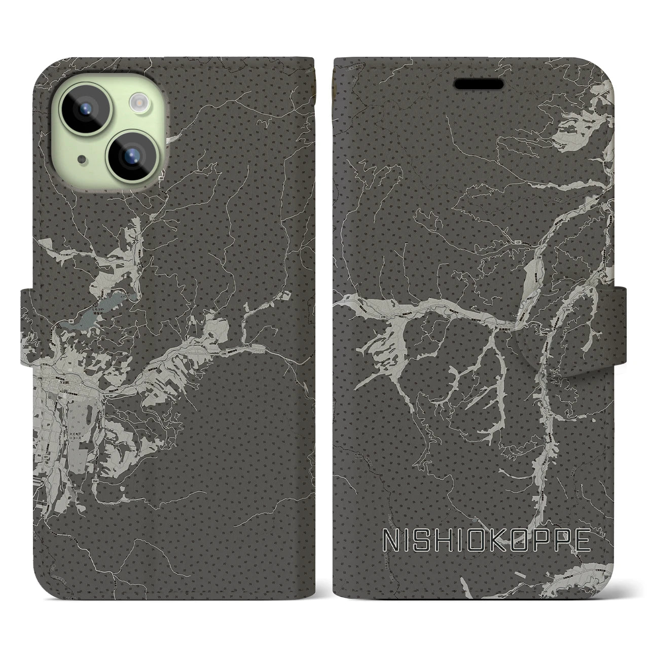 【西興部(北海道)】地図柄iPhoneケース(手帳タイプ)モノトーン・iPhone 15 用