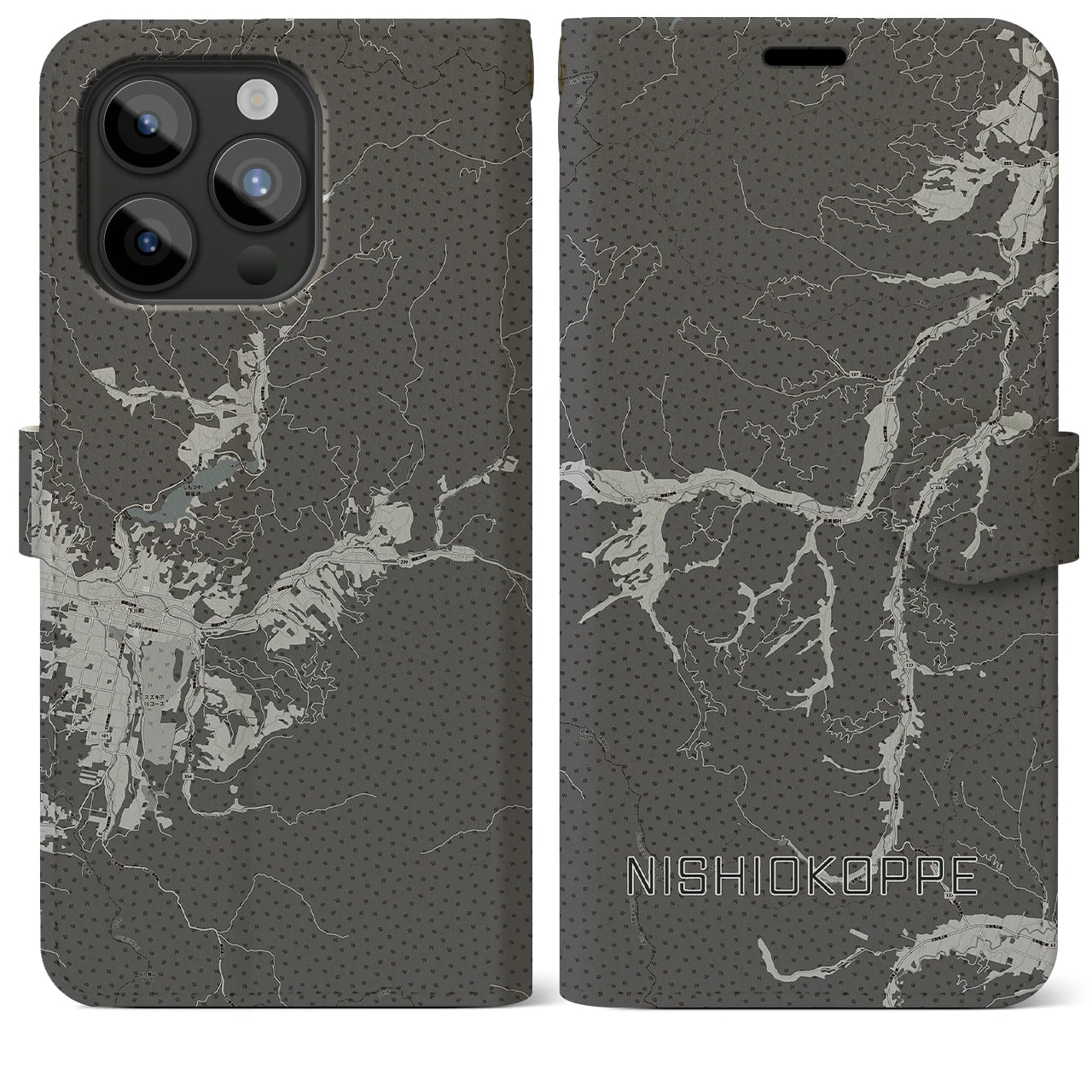 【西興部(北海道)】地図柄iPhoneケース(手帳タイプ)モノトーン・iPhone 15 Pro Max 用