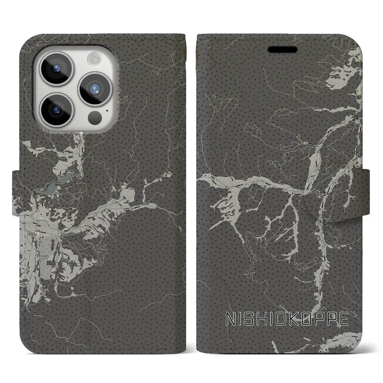 【西興部(北海道)】地図柄iPhoneケース(手帳タイプ)モノトーン・iPhone 15 Pro 用