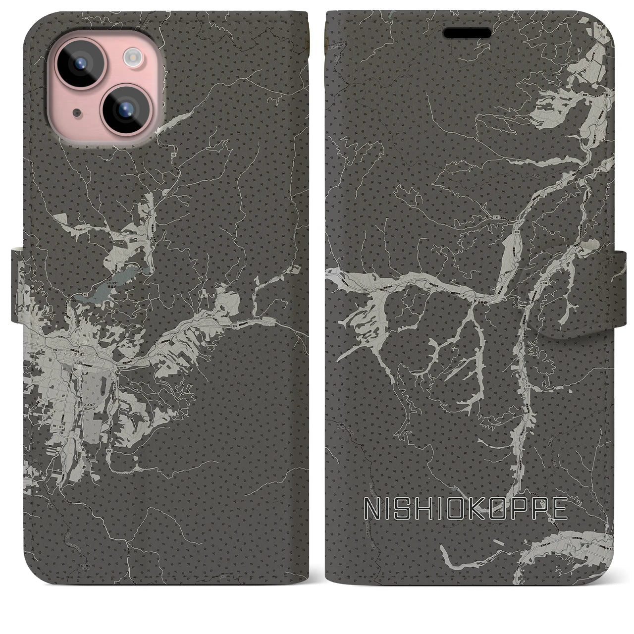 【西興部(北海道)】地図柄iPhoneケース(手帳タイプ)モノトーン・iPhone 15 Plus 用