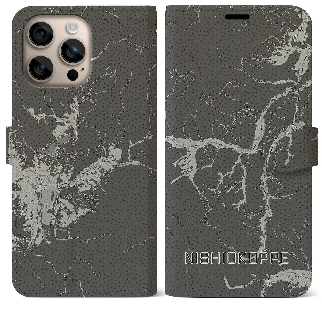 【西興部(北海道)】地図柄iPhoneケース(手帳タイプ)モノトーン・iPhone 16 Plus 用