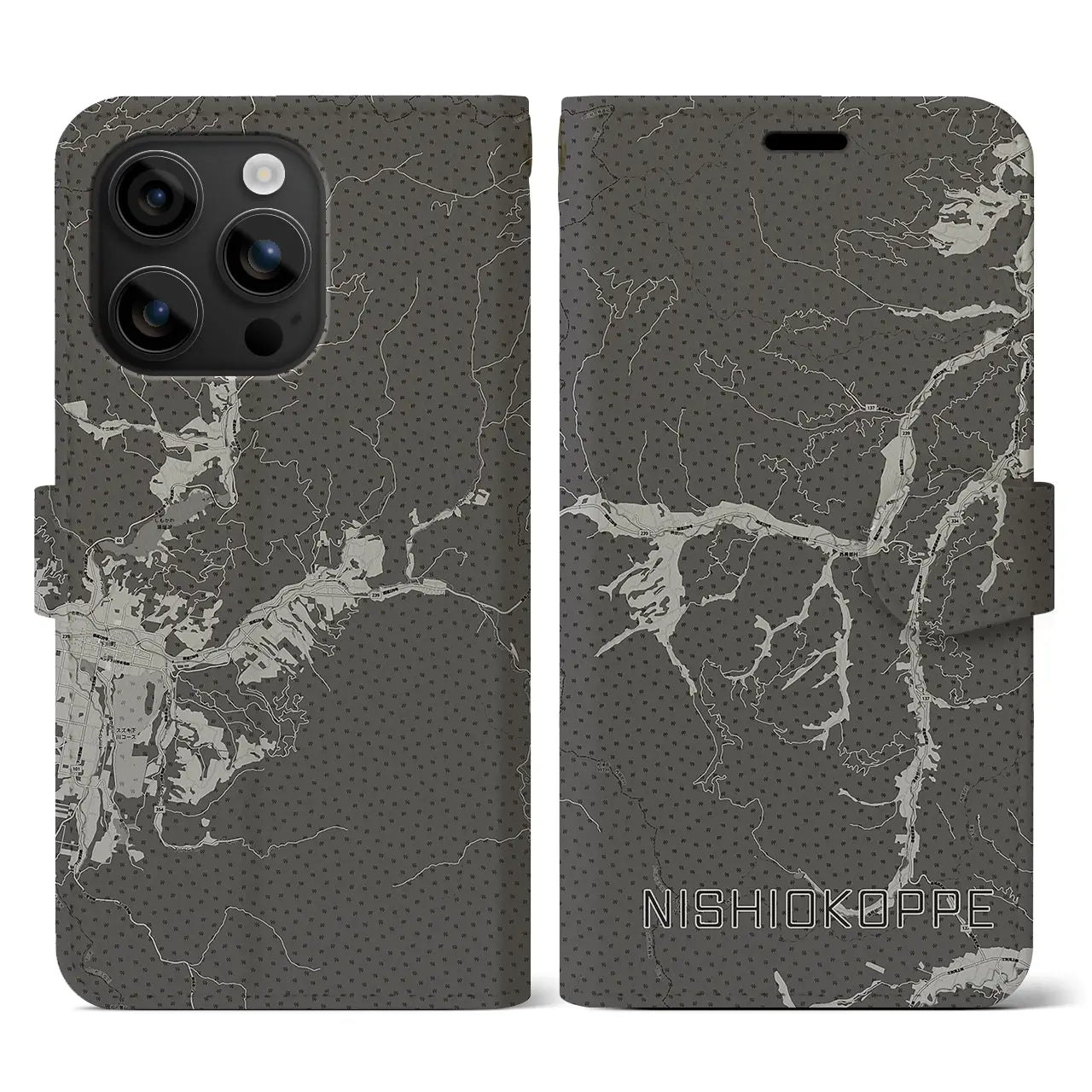 【西興部(北海道)】地図柄iPhoneケース(手帳タイプ)モノトーン・iPhone 16 用