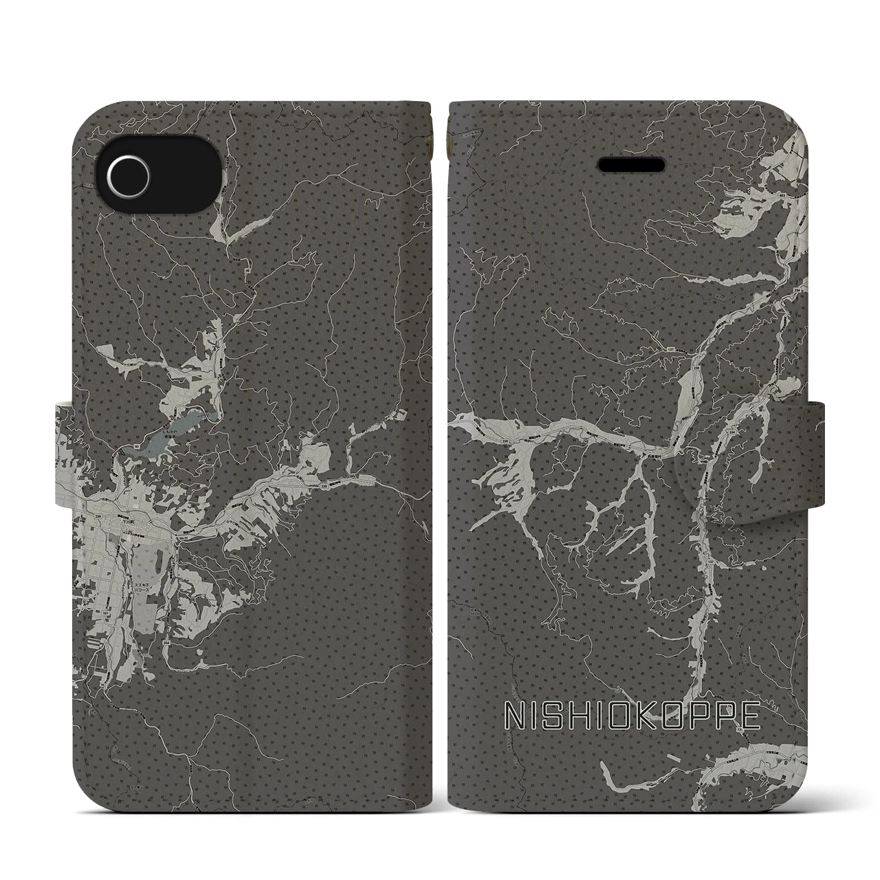 【西興部(北海道)】地図柄iPhoneケース(手帳タイプ)モノトーン・iPhone SE(第3 / 第2世代) / 8 / 7 / 6s / 6 用