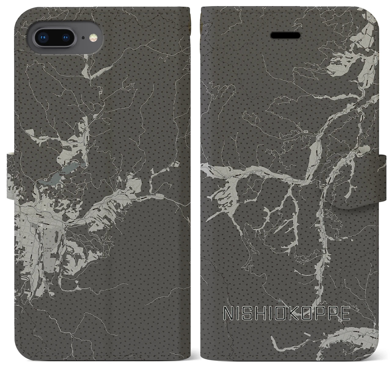 【西興部(北海道)】地図柄iPhoneケース(手帳タイプ)モノトーン・iPhone 8Plus /7Plus / 6sPlus / 6Plus 用