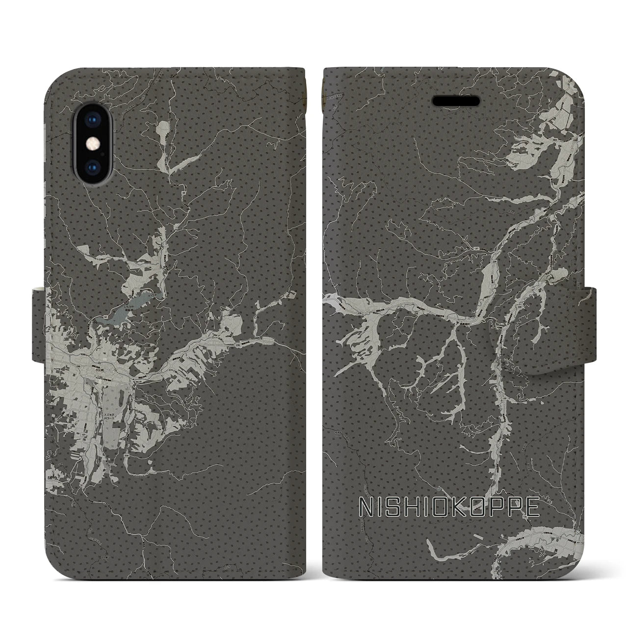 【西興部(北海道)】地図柄iPhoneケース(手帳タイプ)モノトーン・iPhone XS / X 用