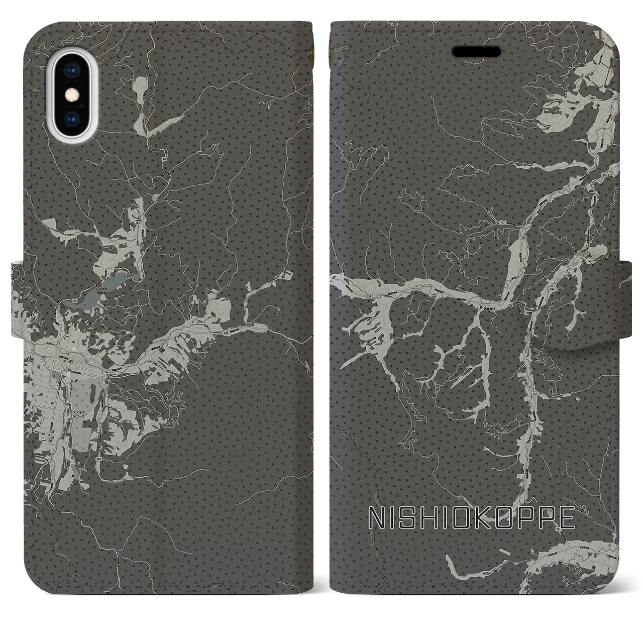 【西興部(北海道)】地図柄iPhoneケース(手帳タイプ)モノトーン・iPhone XS Max 用