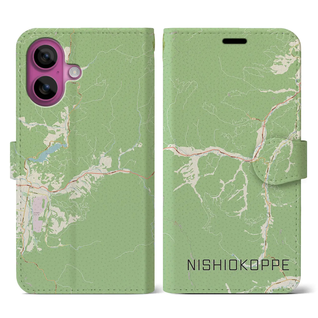 【西興部(北海道)】地図柄iPhoneケース(手帳タイプ)ナチュラル・iPhone 16 Pro 用