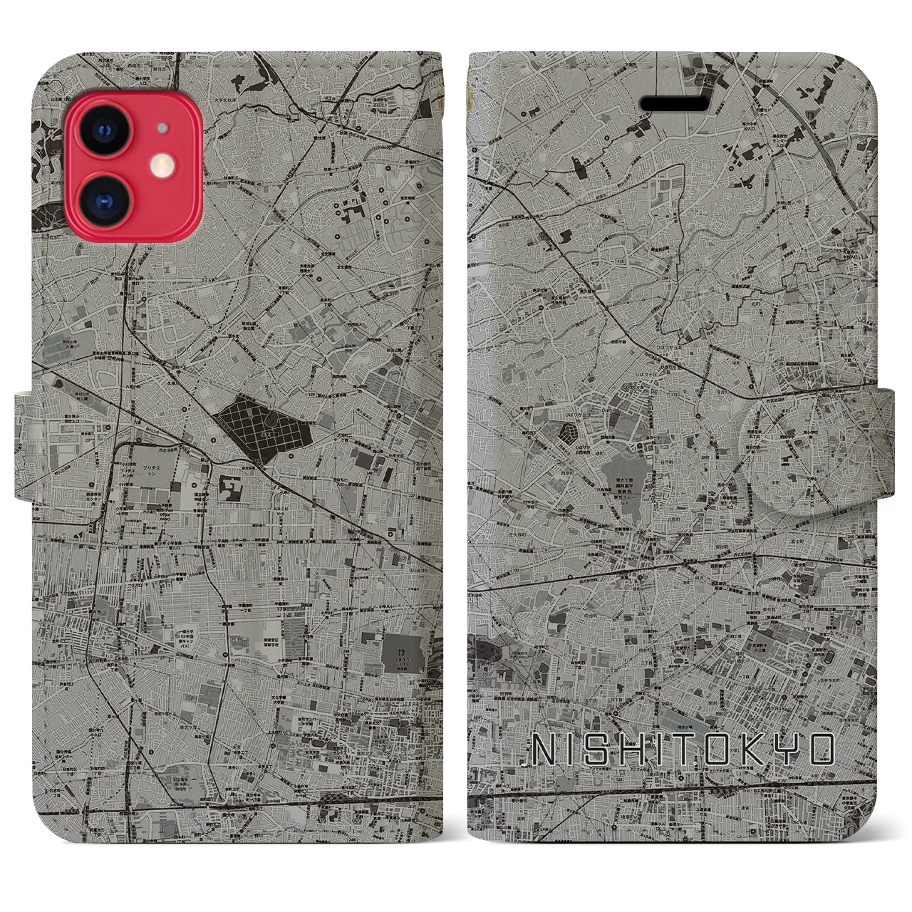 【西東京(東京都)】地図柄iPhoneケース(手帳タイプ)モノトーン・iPhone 11 用