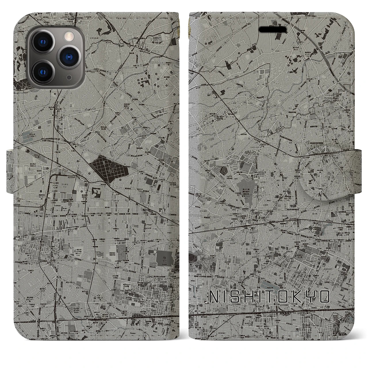 【西東京(東京都)】地図柄iPhoneケース(手帳タイプ)モノトーン・iPhone 11 Pro Max 用
