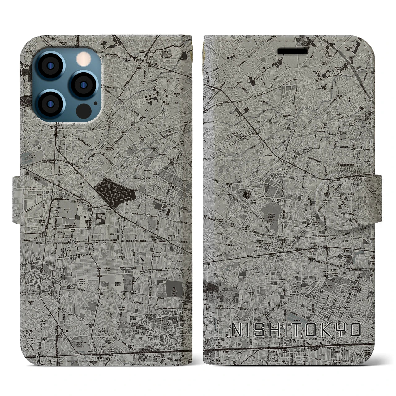 【西東京(東京都)】地図柄iPhoneケース(手帳タイプ)モノトーン・iPhone 12 / 12 Pro 用