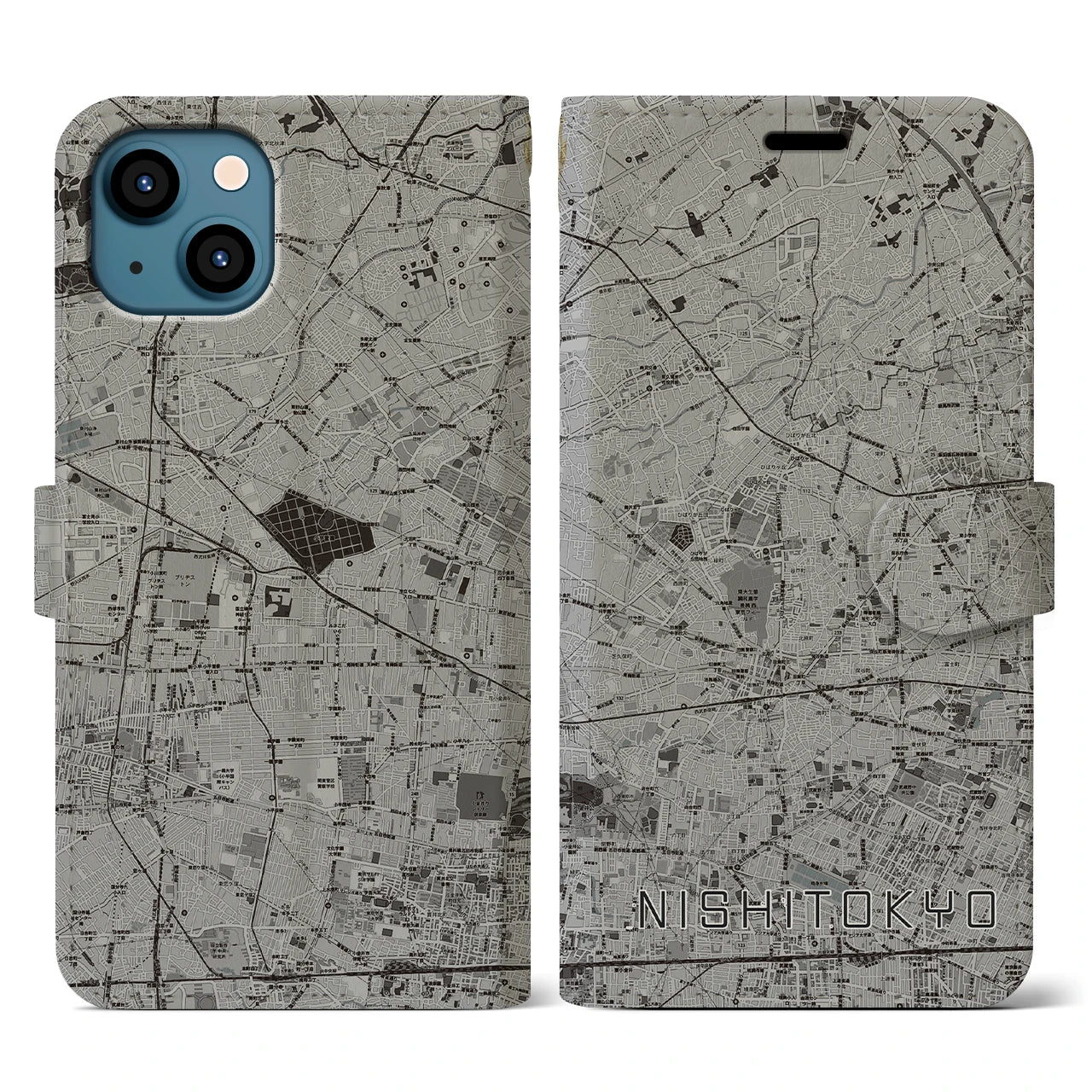 【西東京(東京都)】地図柄iPhoneケース(手帳タイプ)モノトーン・iPhone 13 用