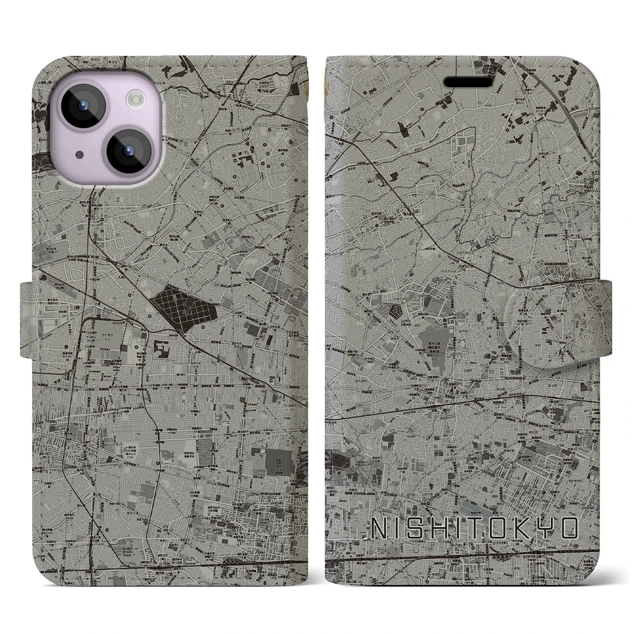 【西東京(東京都)】地図柄iPhoneケース(手帳タイプ)モノトーン・iPhone 14 用