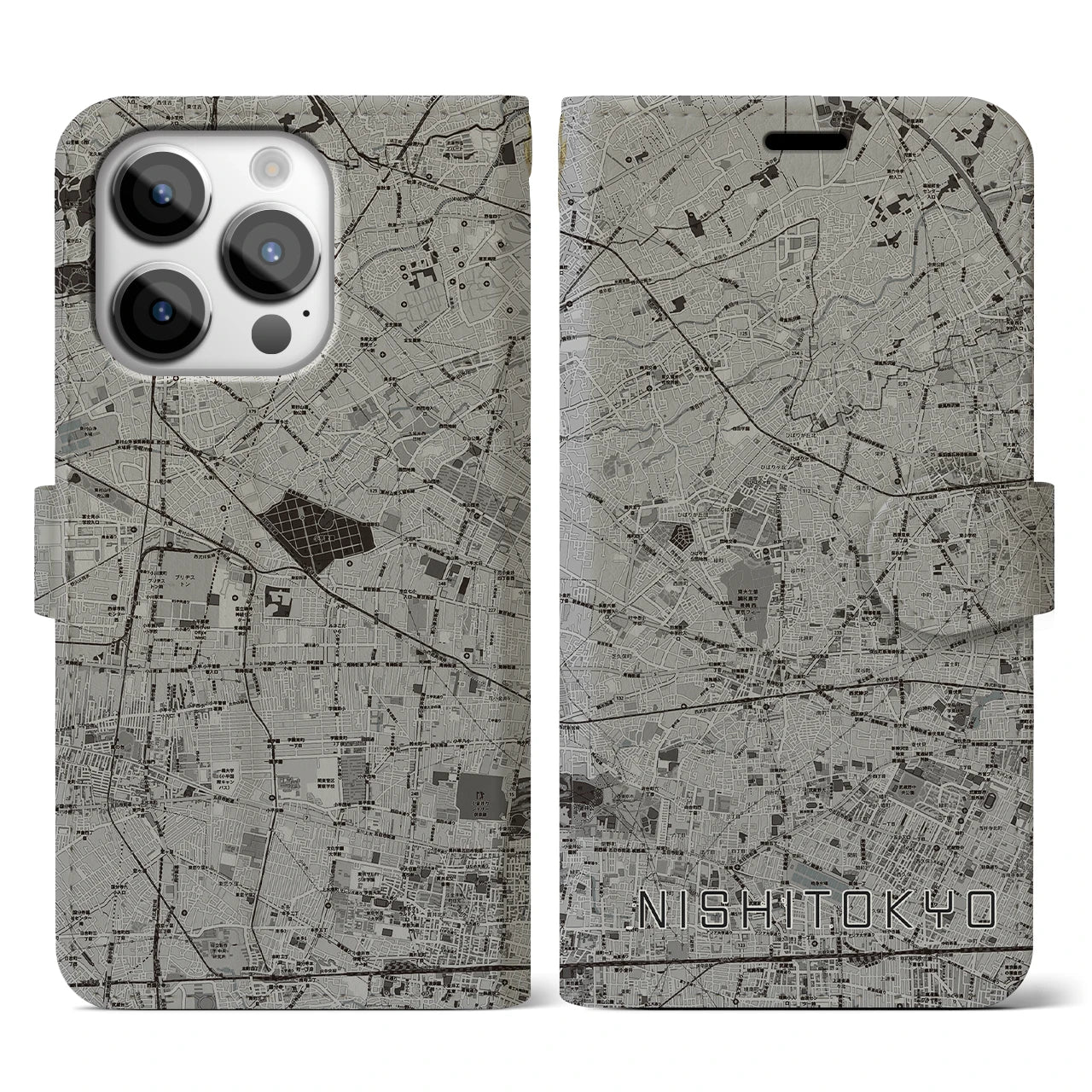 【西東京(東京都)】地図柄iPhoneケース(手帳タイプ)モノトーン・iPhone 14 Pro 用
