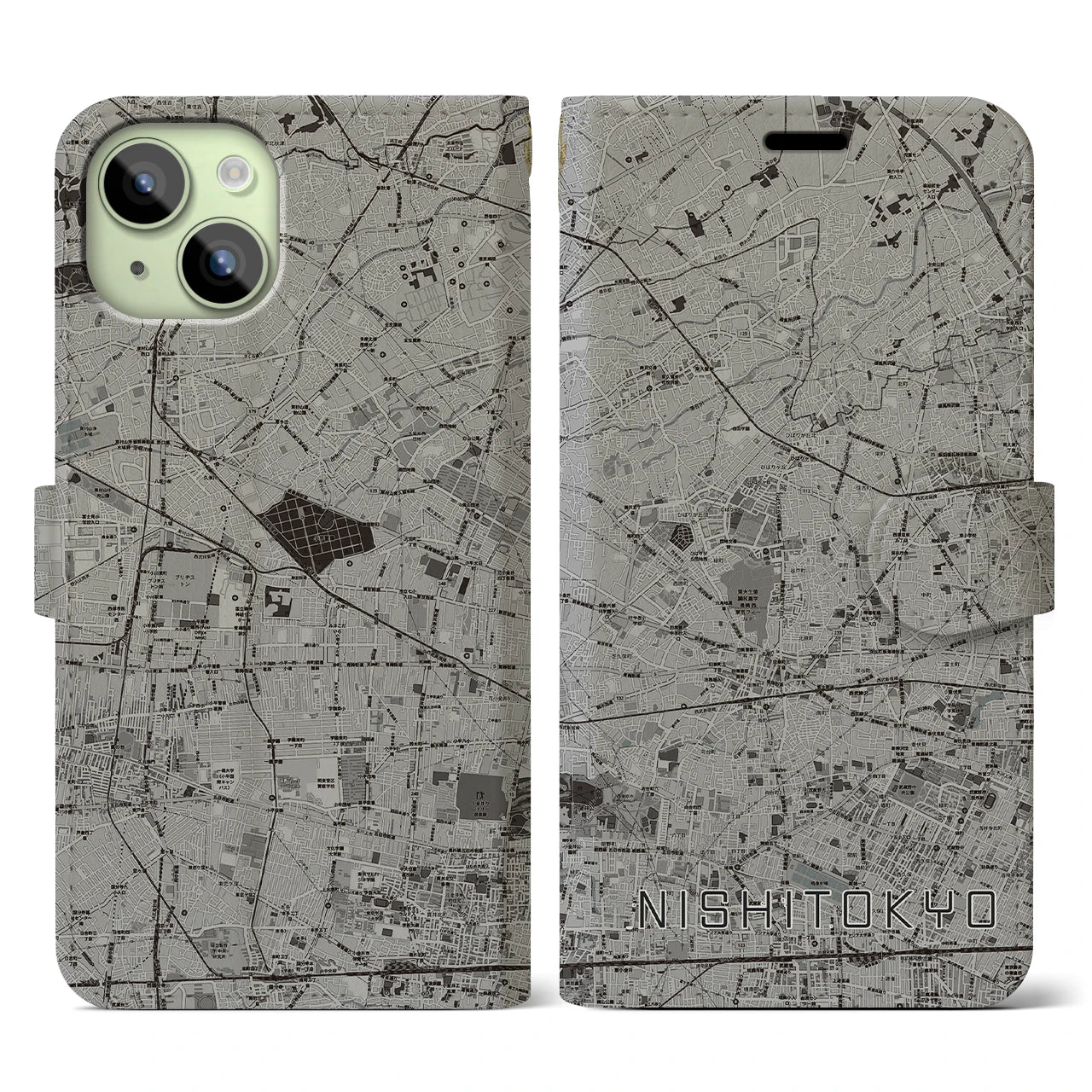 【西東京(東京都)】地図柄iPhoneケース(手帳タイプ)モノトーン・iPhone 15 用