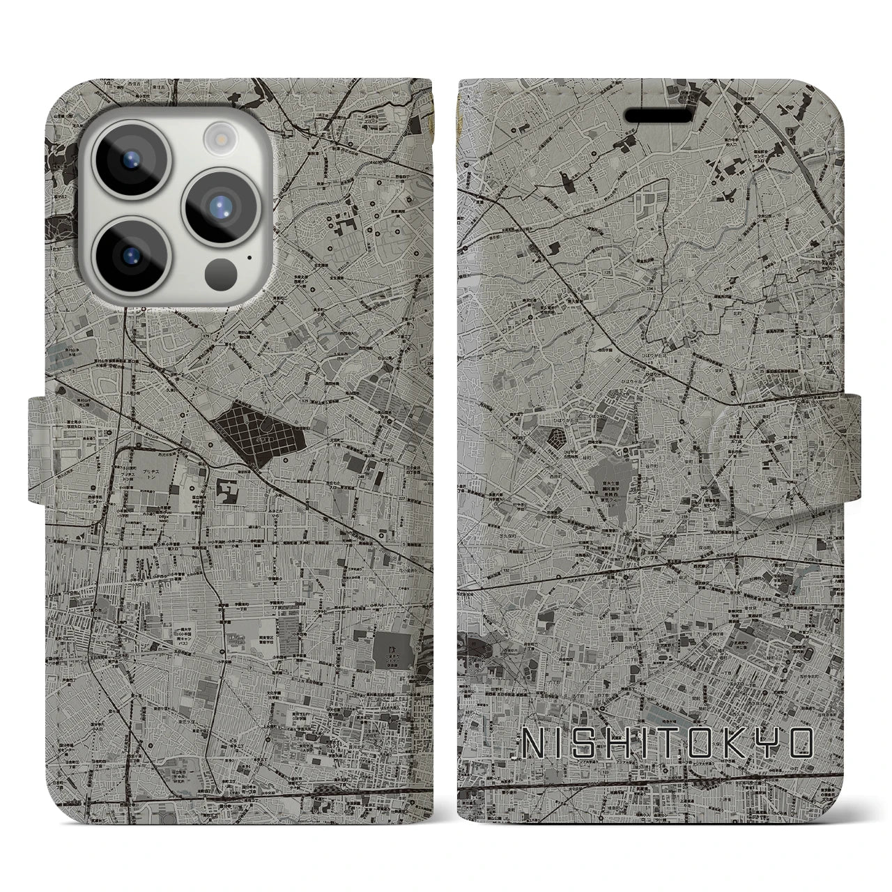 【西東京(東京都)】地図柄iPhoneケース(手帳タイプ)モノトーン・iPhone 15 Pro 用