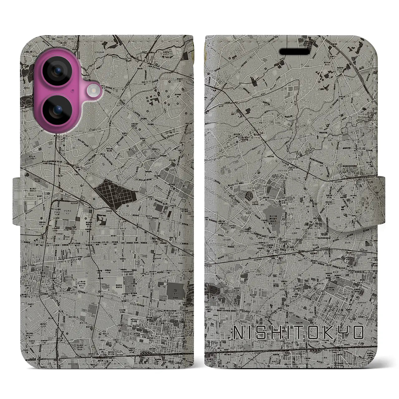 【西東京(東京都)】地図柄iPhoneケース(手帳タイプ)モノトーン・iPhone 16 Pro 用