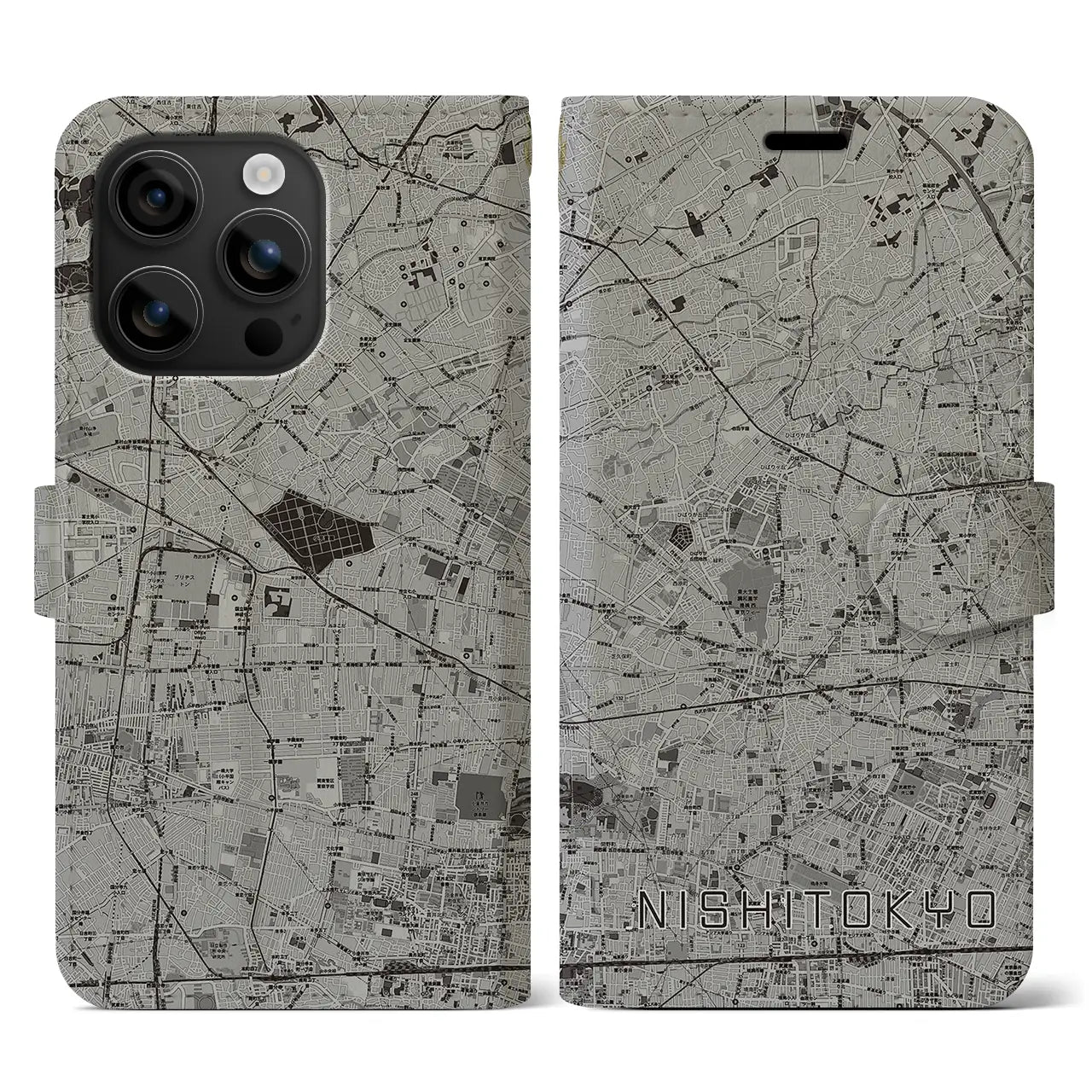 【西東京(東京都)】地図柄iPhoneケース(手帳タイプ)モノトーン・iPhone 16 用
