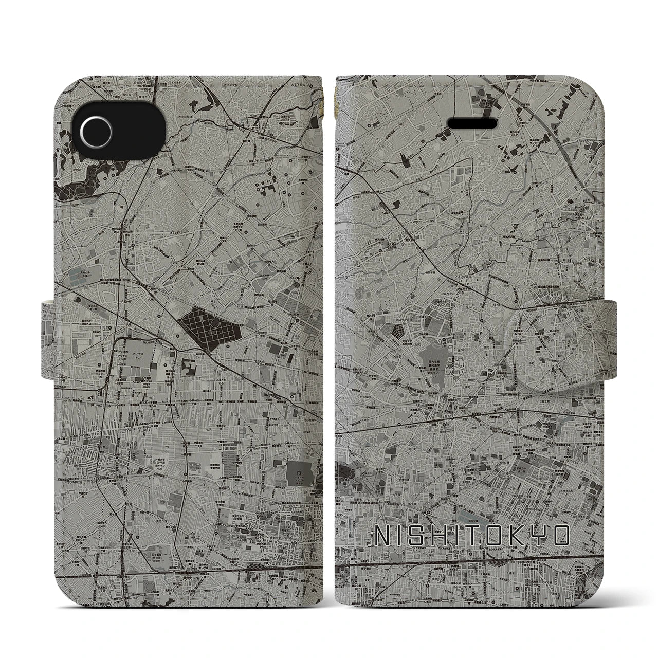 【西東京(東京都)】地図柄iPhoneケース(手帳タイプ)モノトーン・iPhone SE(第3 / 第2世代) / 8 / 7 / 6s / 6 用