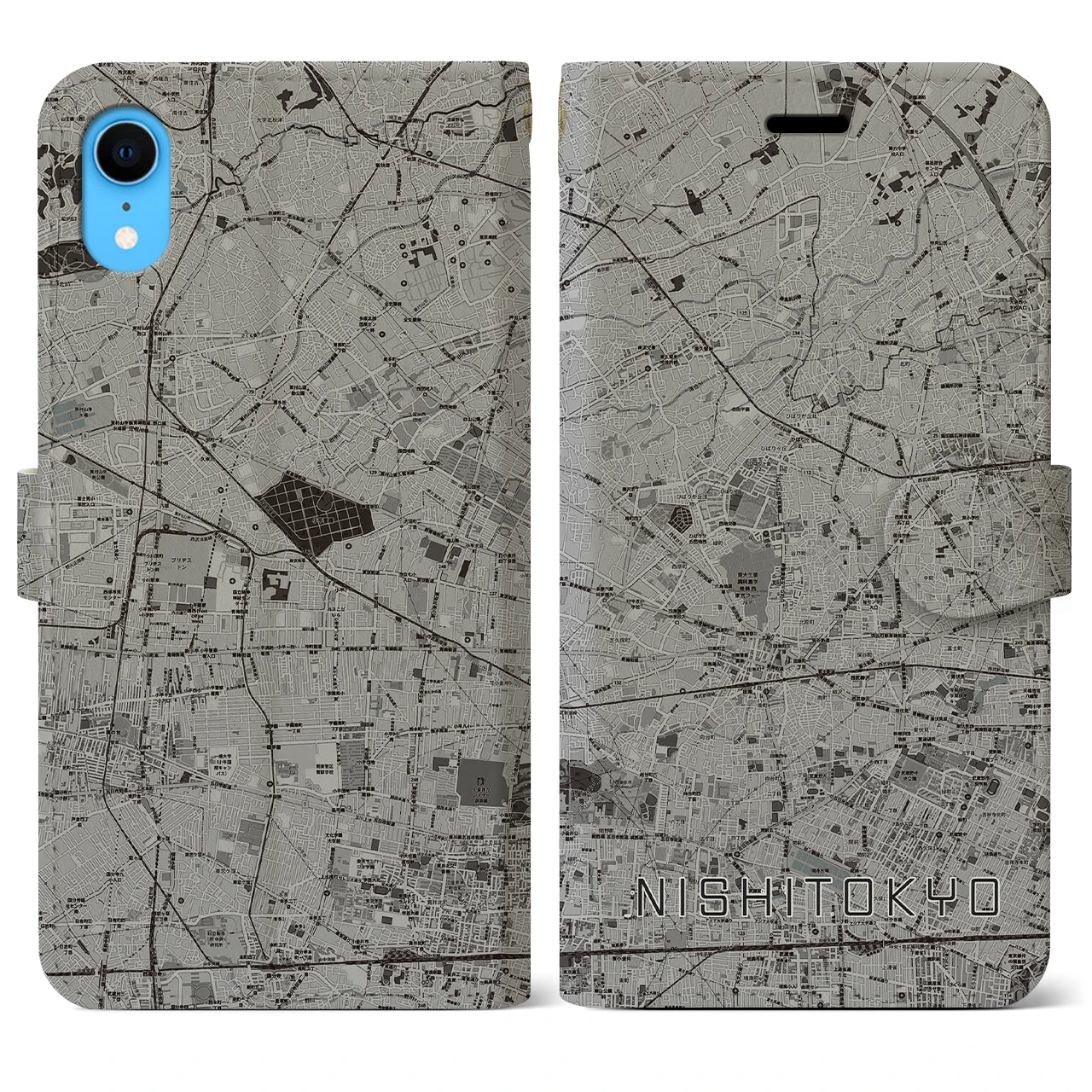 【西東京(東京都)】地図柄iPhoneケース(手帳タイプ)モノトーン・iPhone XR 用
