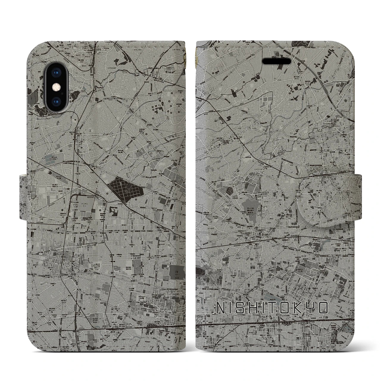 【西東京(東京都)】地図柄iPhoneケース(手帳タイプ)モノトーン・iPhone XS / X 用