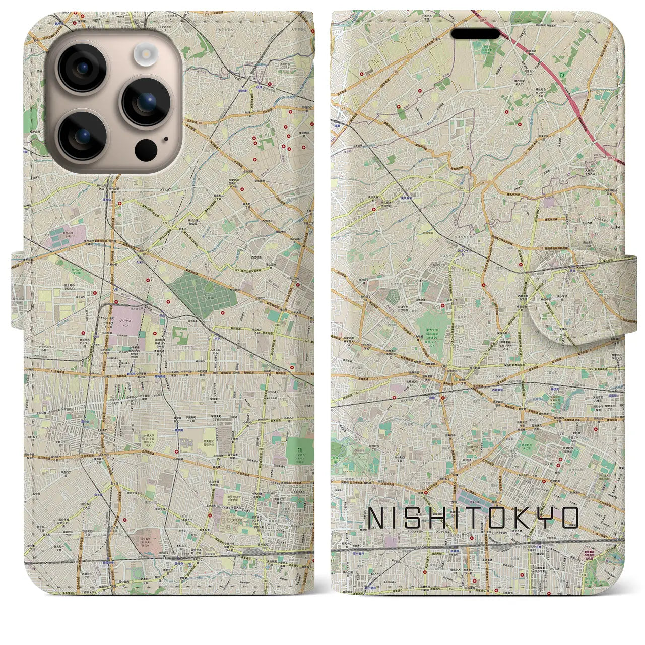 【西東京(東京都)】地図柄iPhoneケース(手帳タイプ)ナチュラル・iPhone 16 Plus 用