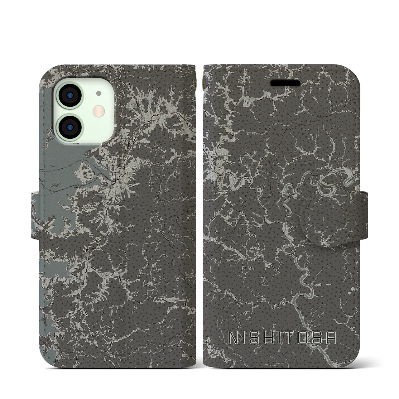 【西土佐(高知県)】地図柄iPhoneケース(手帳タイプ)モノトーン・iPhone 12 mini 用