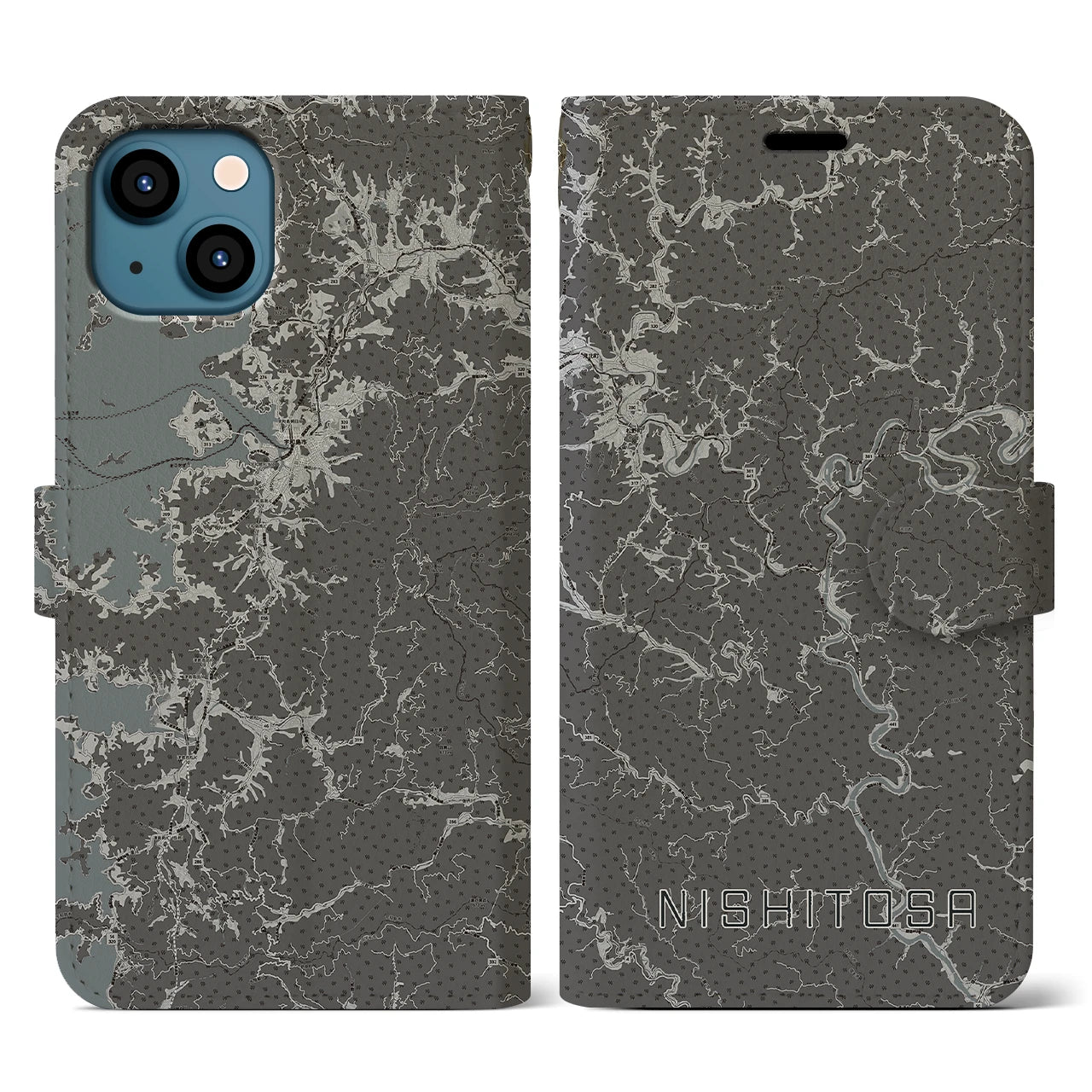 【西土佐(高知県)】地図柄iPhoneケース(手帳タイプ)モノトーン・iPhone 13 用