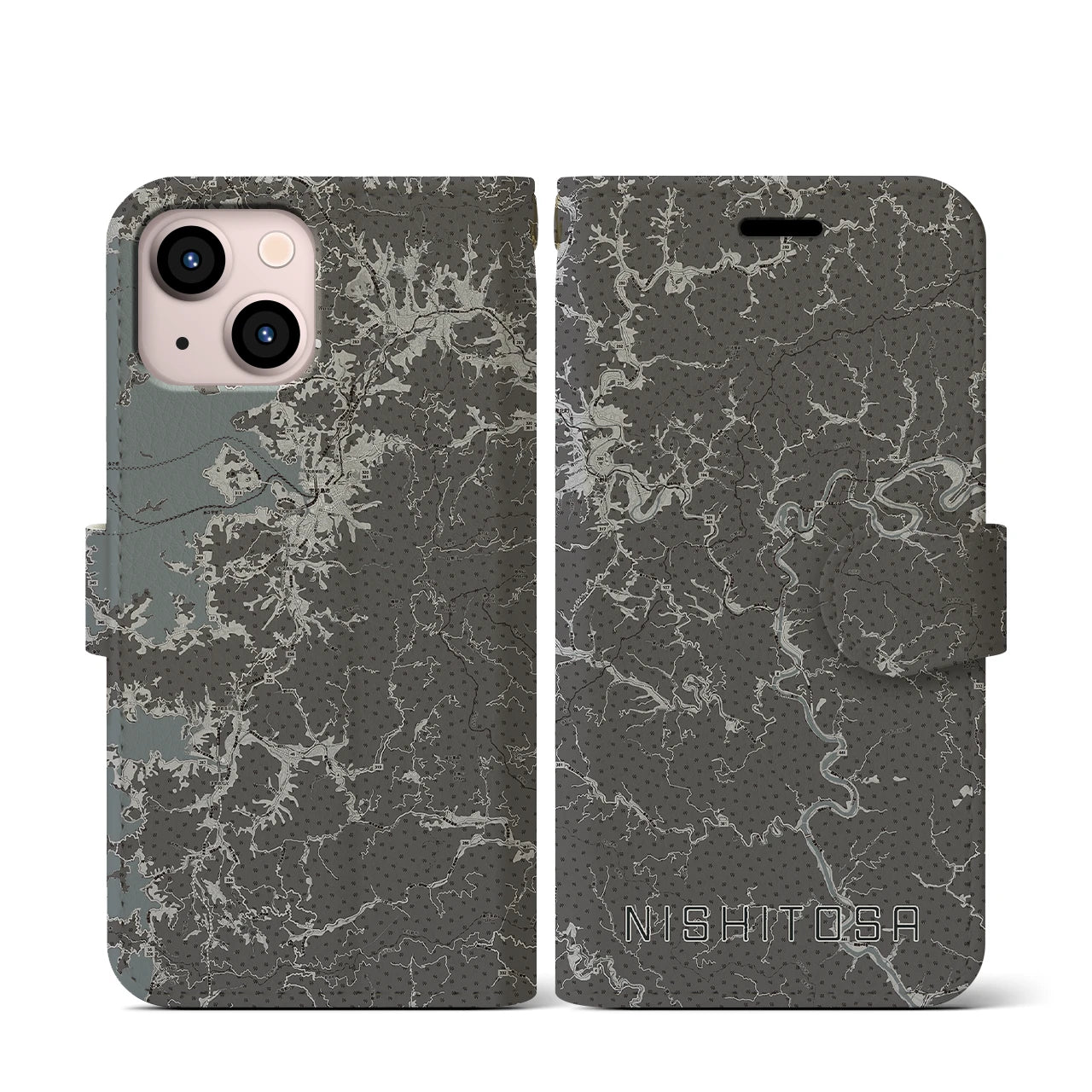 【西土佐(高知県)】地図柄iPhoneケース(手帳タイプ)モノトーン・iPhone 13 mini 用