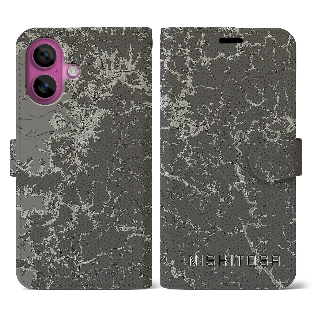 【西土佐(高知県)】地図柄iPhoneケース(手帳タイプ)モノトーン・iPhone 16 Pro 用
