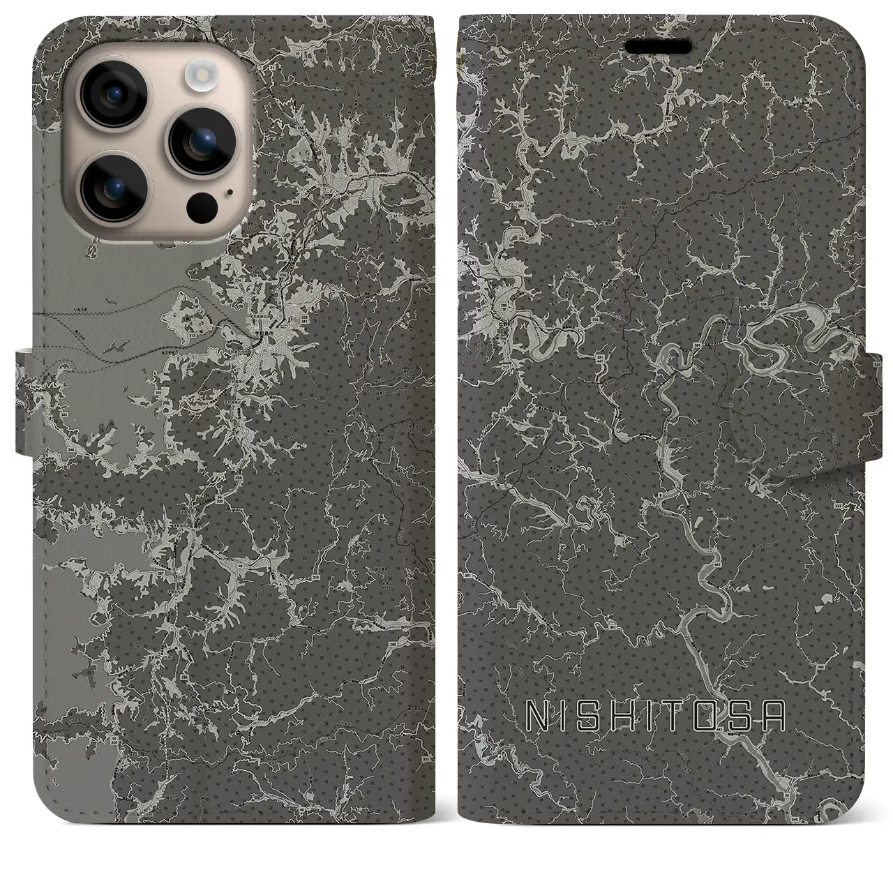 【西土佐(高知県)】地図柄iPhoneケース(手帳タイプ)モノトーン・iPhone 16 Plus 用