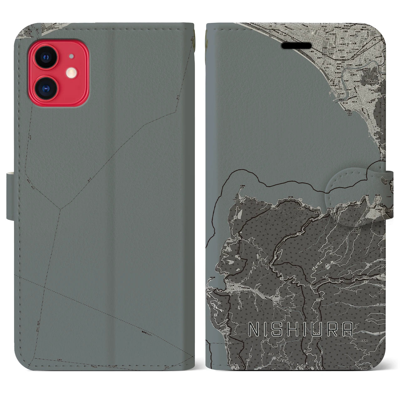【西浦(静岡県)】地図柄iPhoneケース(手帳タイプ)モノトーン・iPhone 11 用