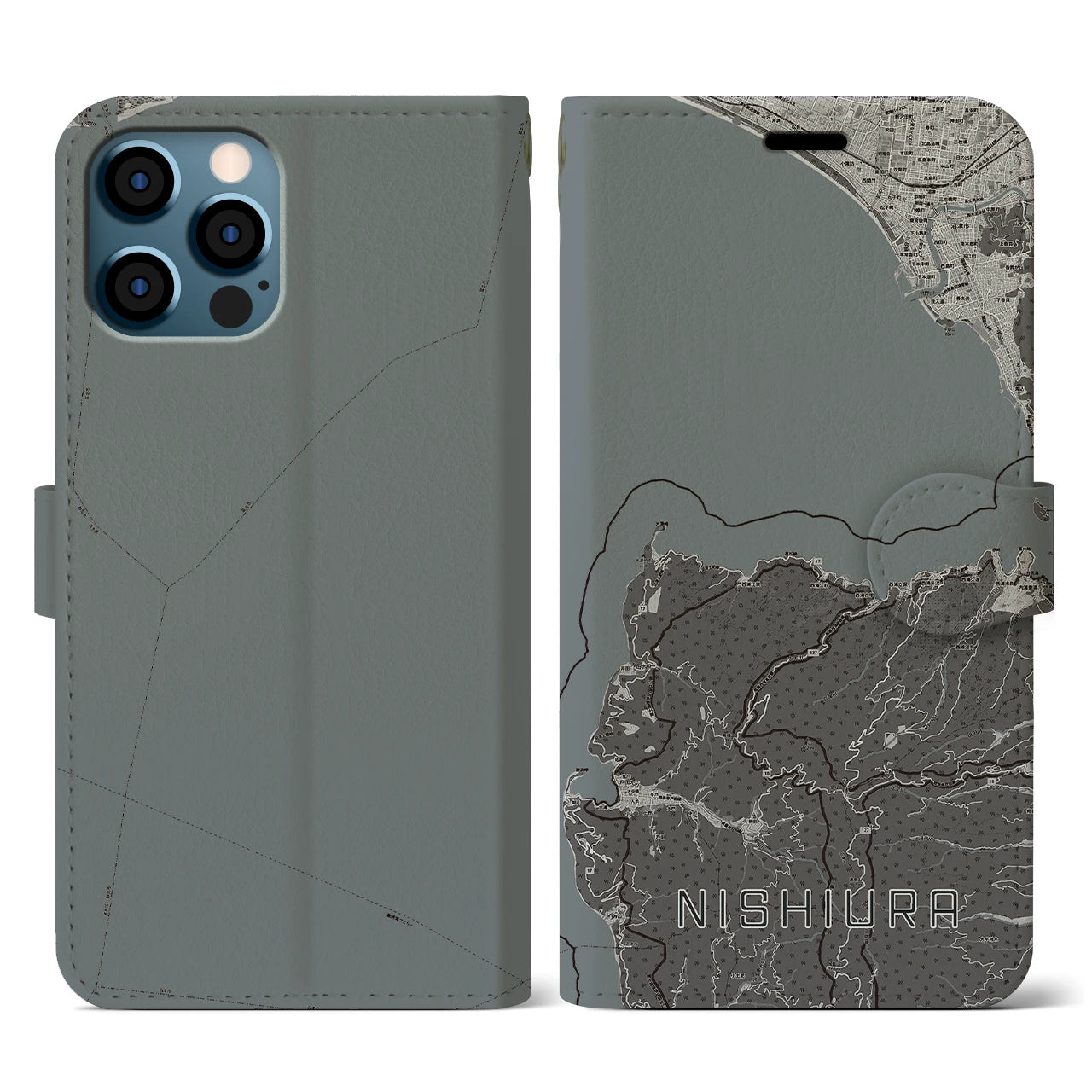 【西浦(静岡県)】地図柄iPhoneケース(手帳タイプ)モノトーン・iPhone 12 / 12 Pro 用