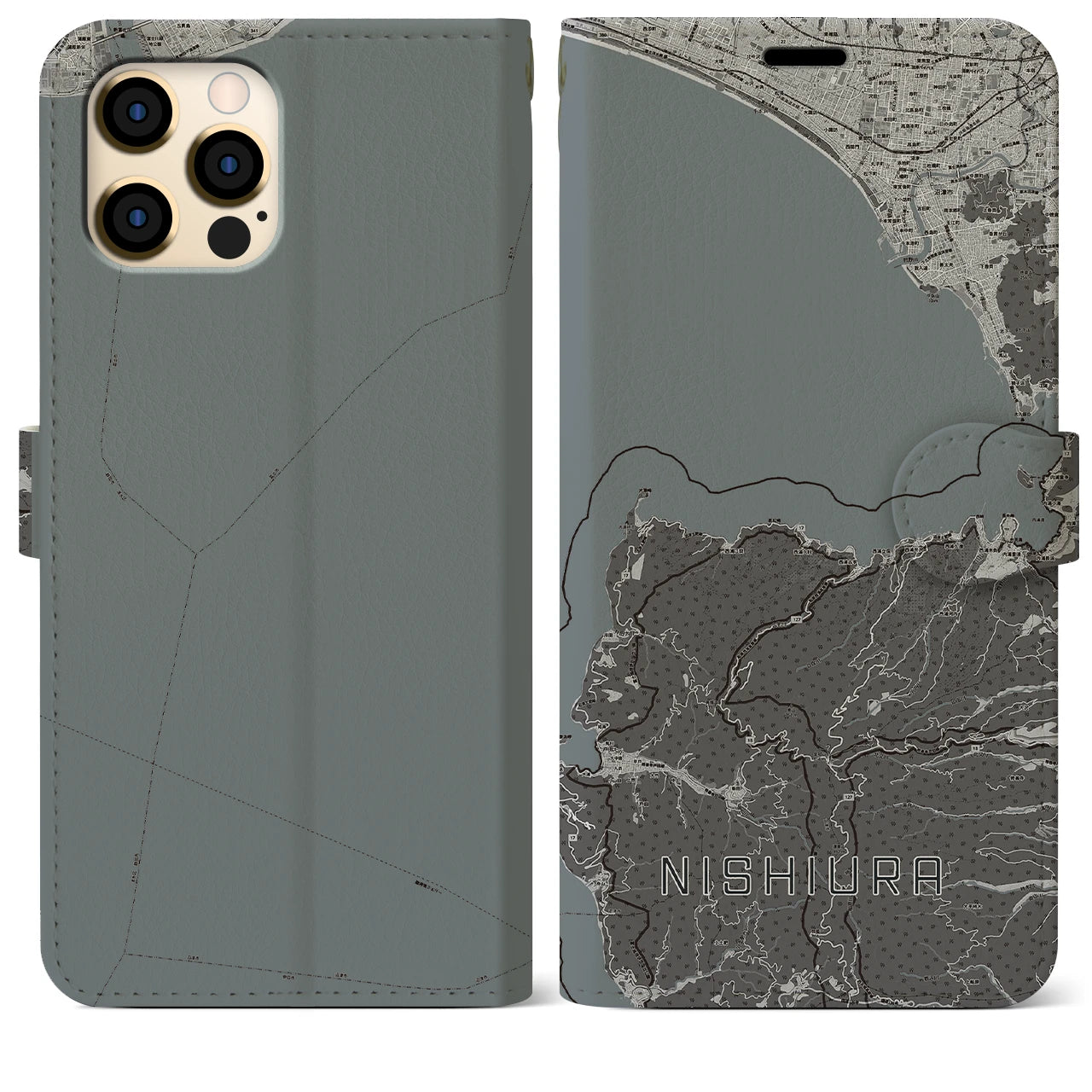 【西浦(静岡県)】地図柄iPhoneケース(手帳タイプ)モノトーン・iPhone 12 Pro Max 用