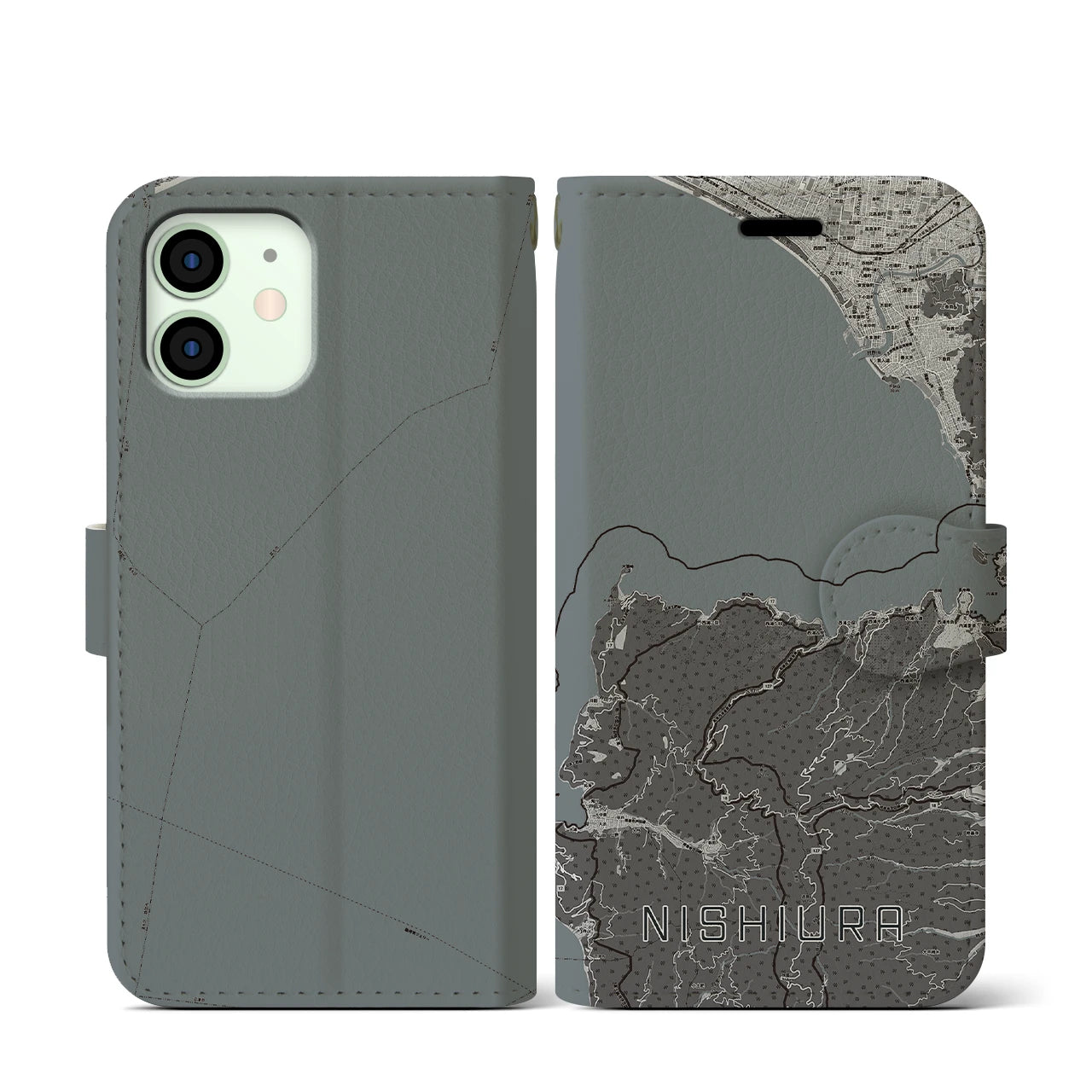 【西浦(静岡県)】地図柄iPhoneケース(手帳タイプ)モノトーン・iPhone 12 mini 用