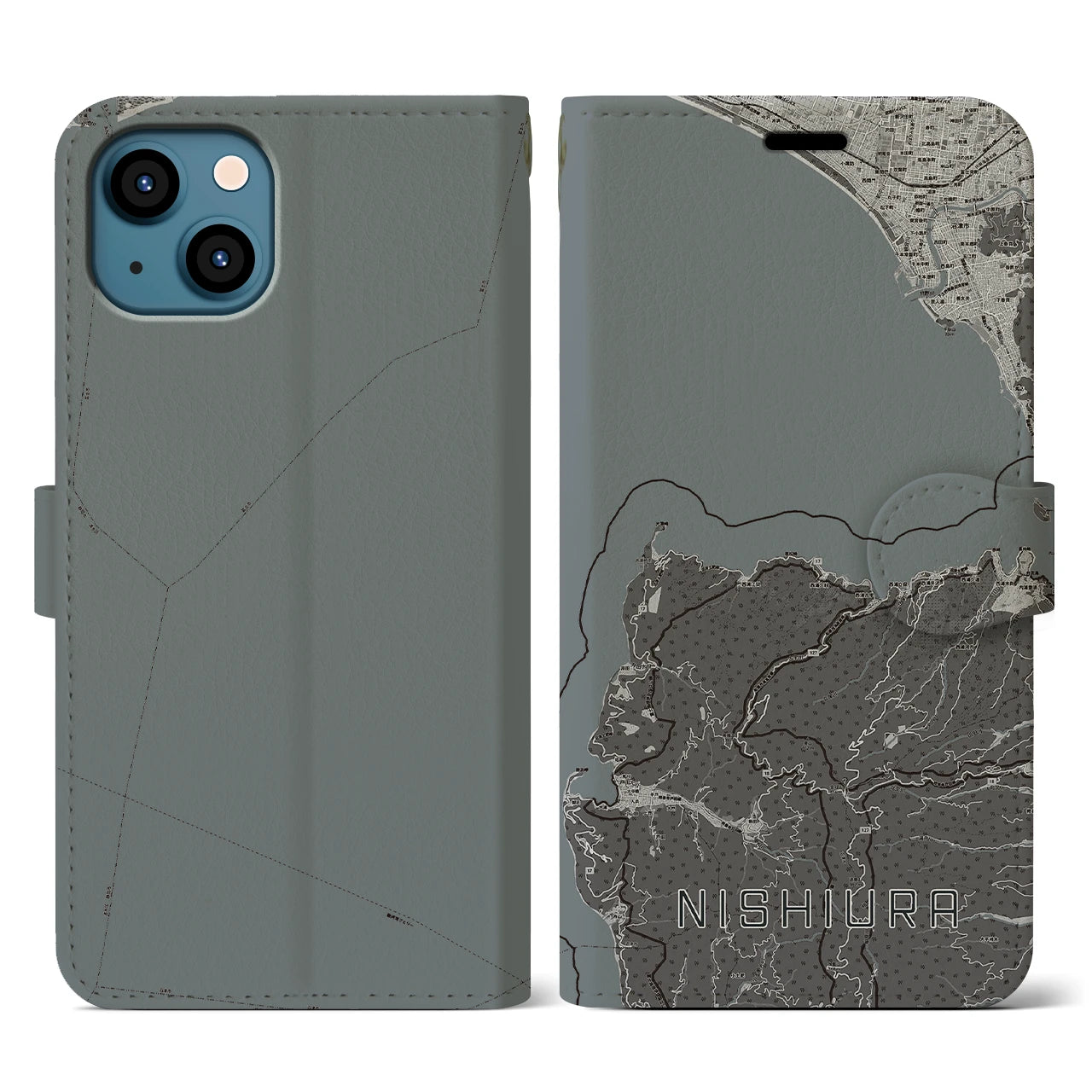 【西浦(静岡県)】地図柄iPhoneケース(手帳タイプ)モノトーン・iPhone 13 用