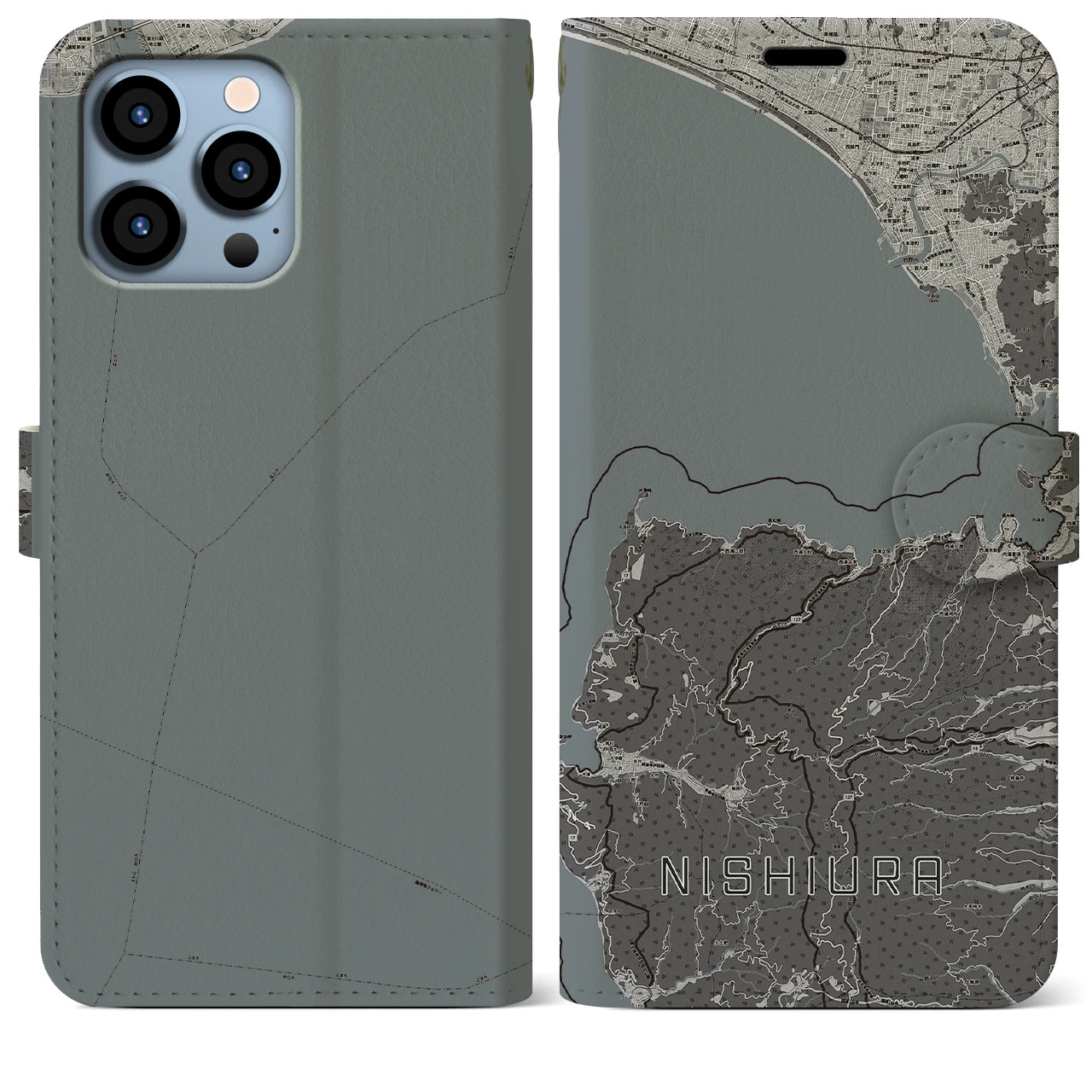 【西浦(静岡県)】地図柄iPhoneケース(手帳タイプ)モノトーン・iPhone 13 Pro Max 用