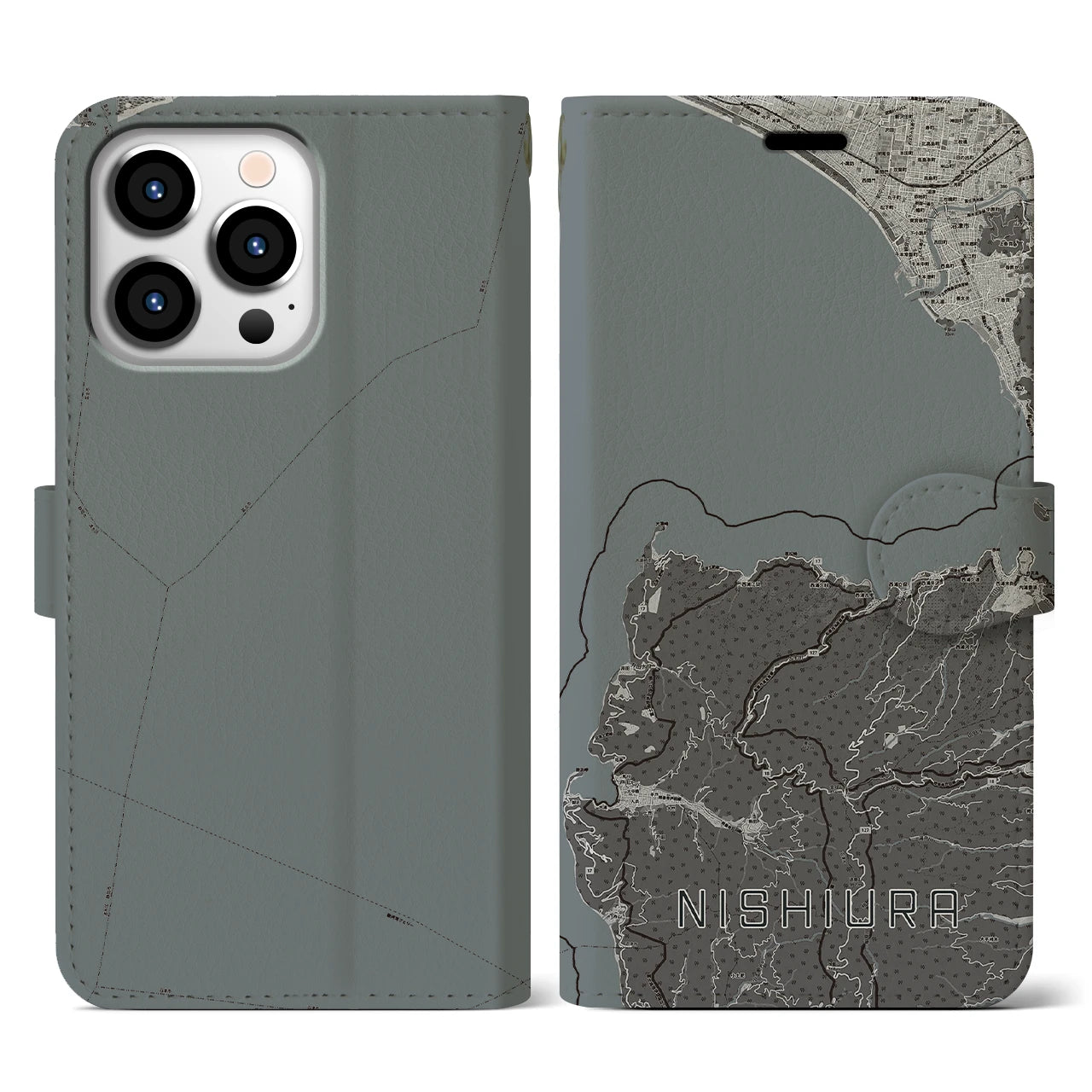 【西浦(静岡県)】地図柄iPhoneケース(手帳タイプ)モノトーン・iPhone 13 Pro 用