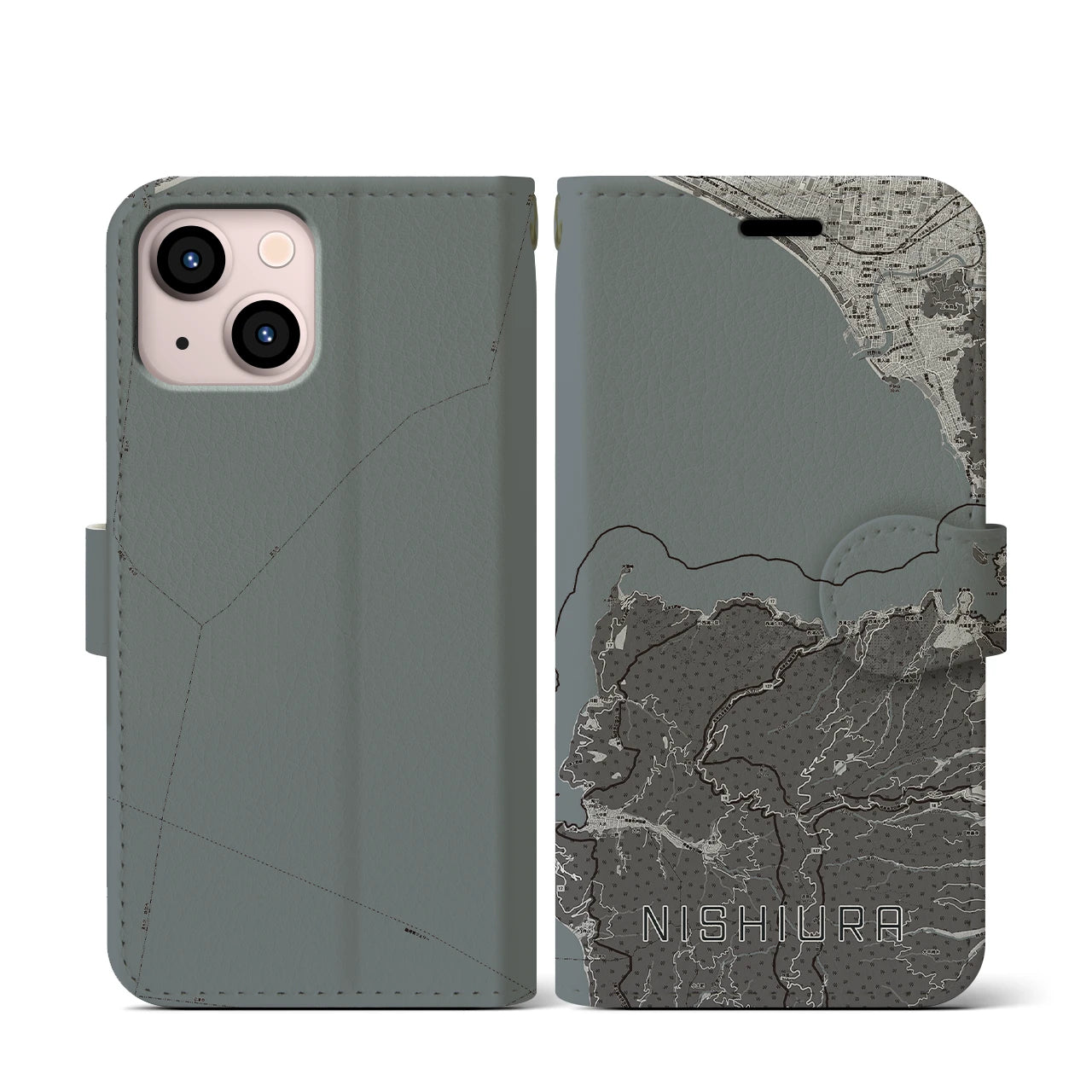 【西浦(静岡県)】地図柄iPhoneケース(手帳タイプ)モノトーン・iPhone 13 mini 用