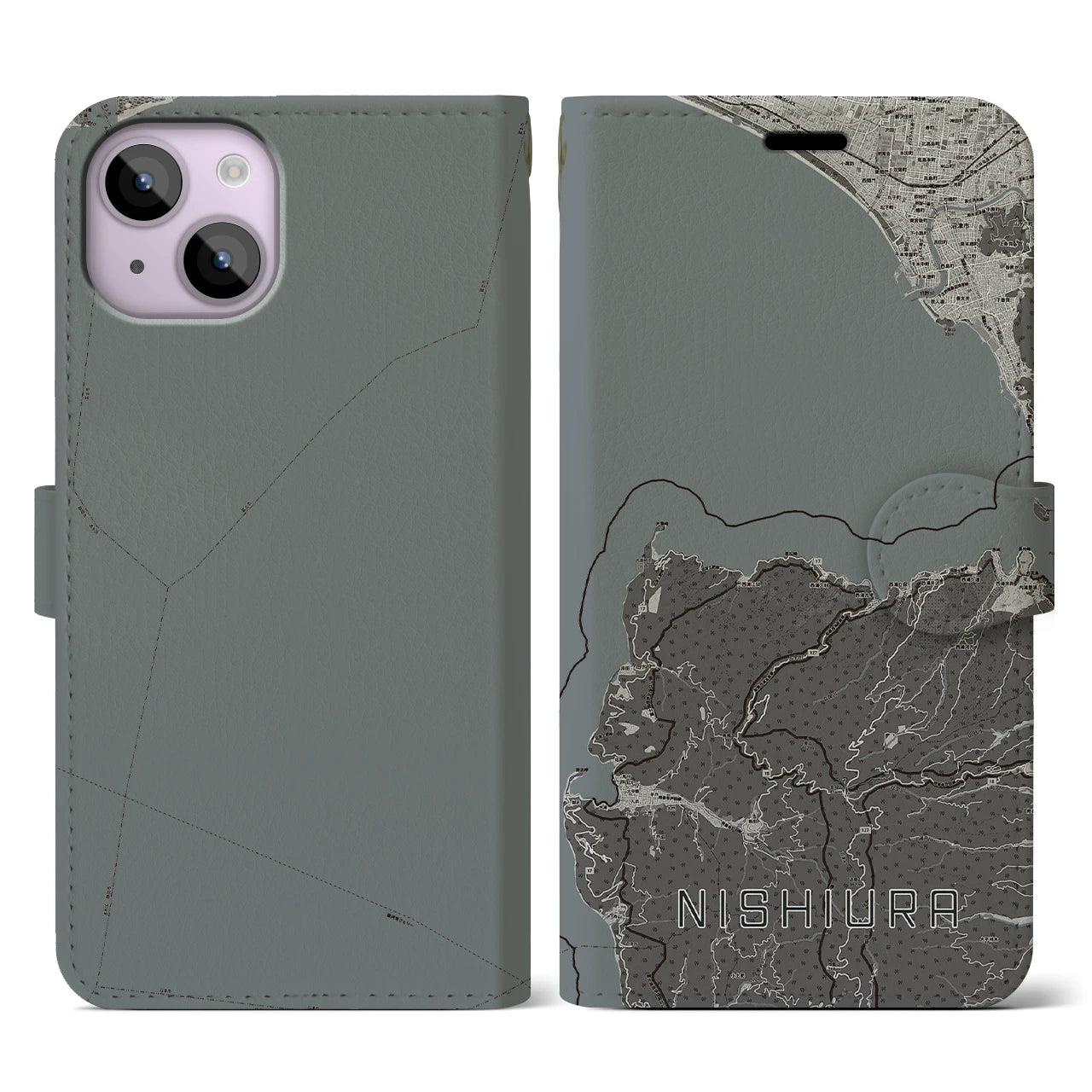 【西浦(静岡県)】地図柄iPhoneケース(手帳タイプ)モノトーン・iPhone 14 用