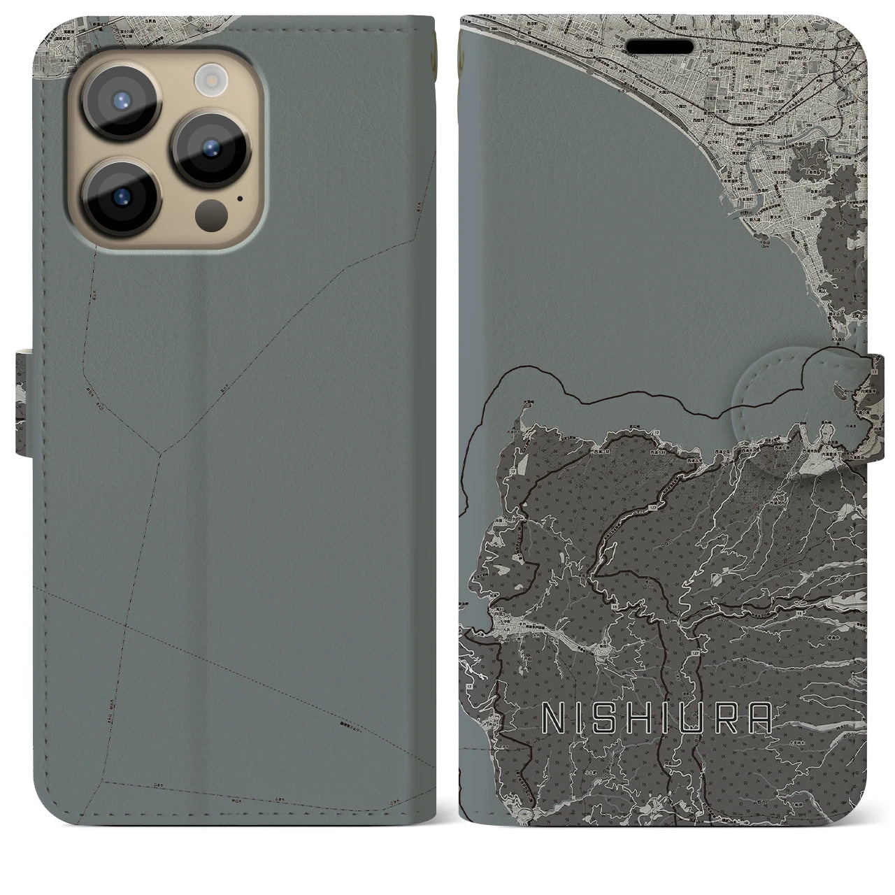 【西浦(静岡県)】地図柄iPhoneケース(手帳タイプ)モノトーン・iPhone 14 Pro Max 用